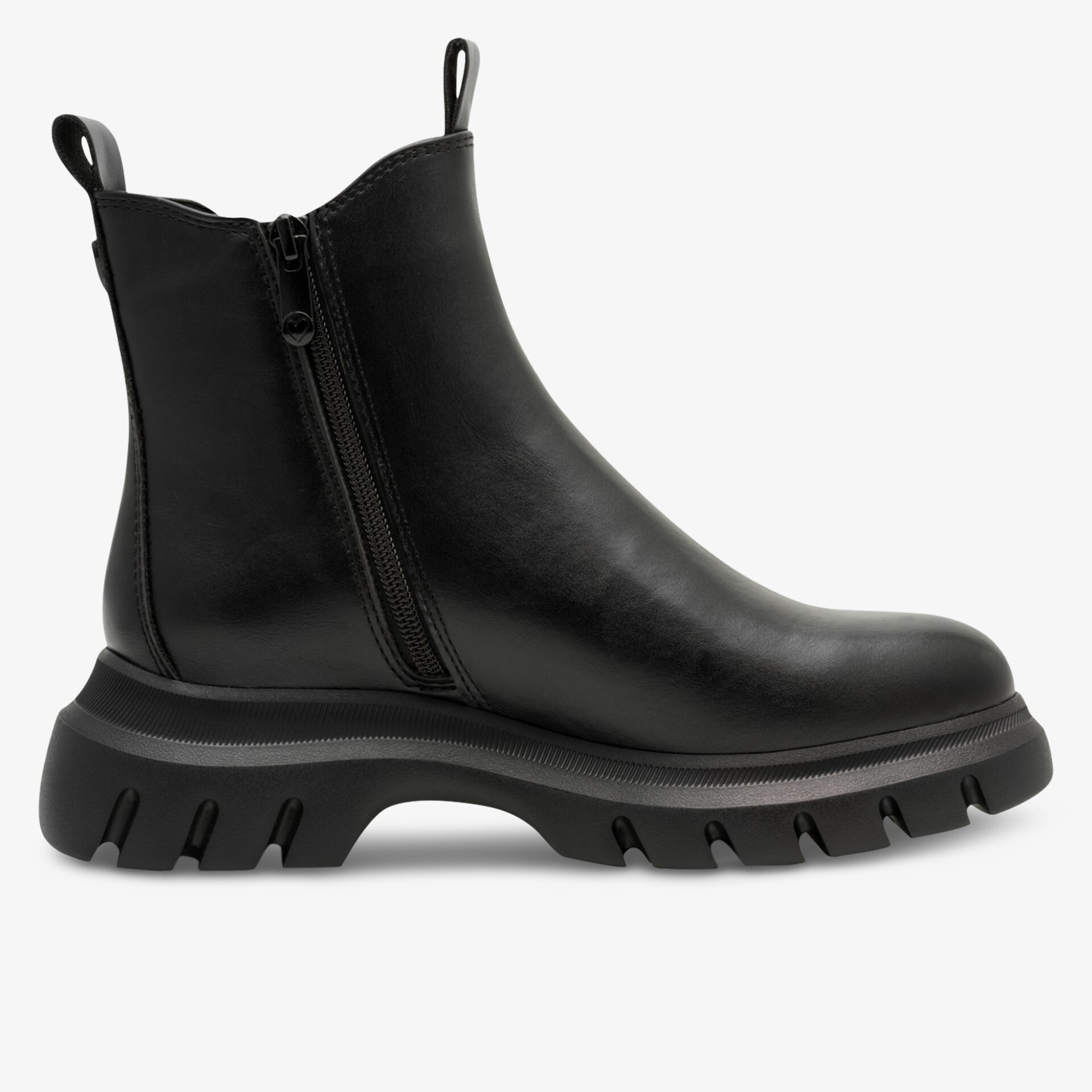 Schwarzer Stiefel mit robuster Profilsohle und seitlichem Reißverschluss für einfaches An- und Ausziehen