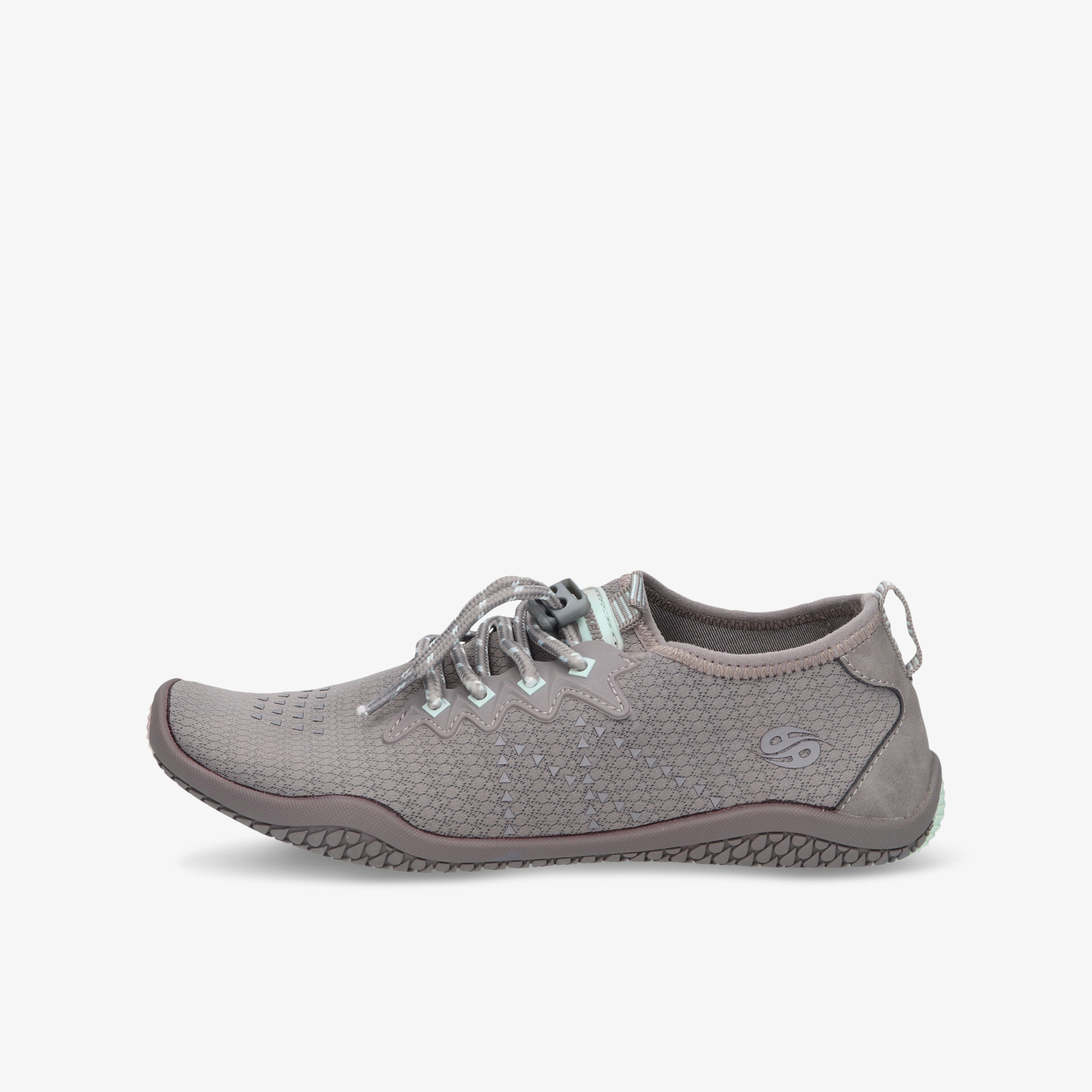 Grauer Barfußschuh mit atmungsaktivem Material und ergonomischer Passform für maximalen Tragekomfort.