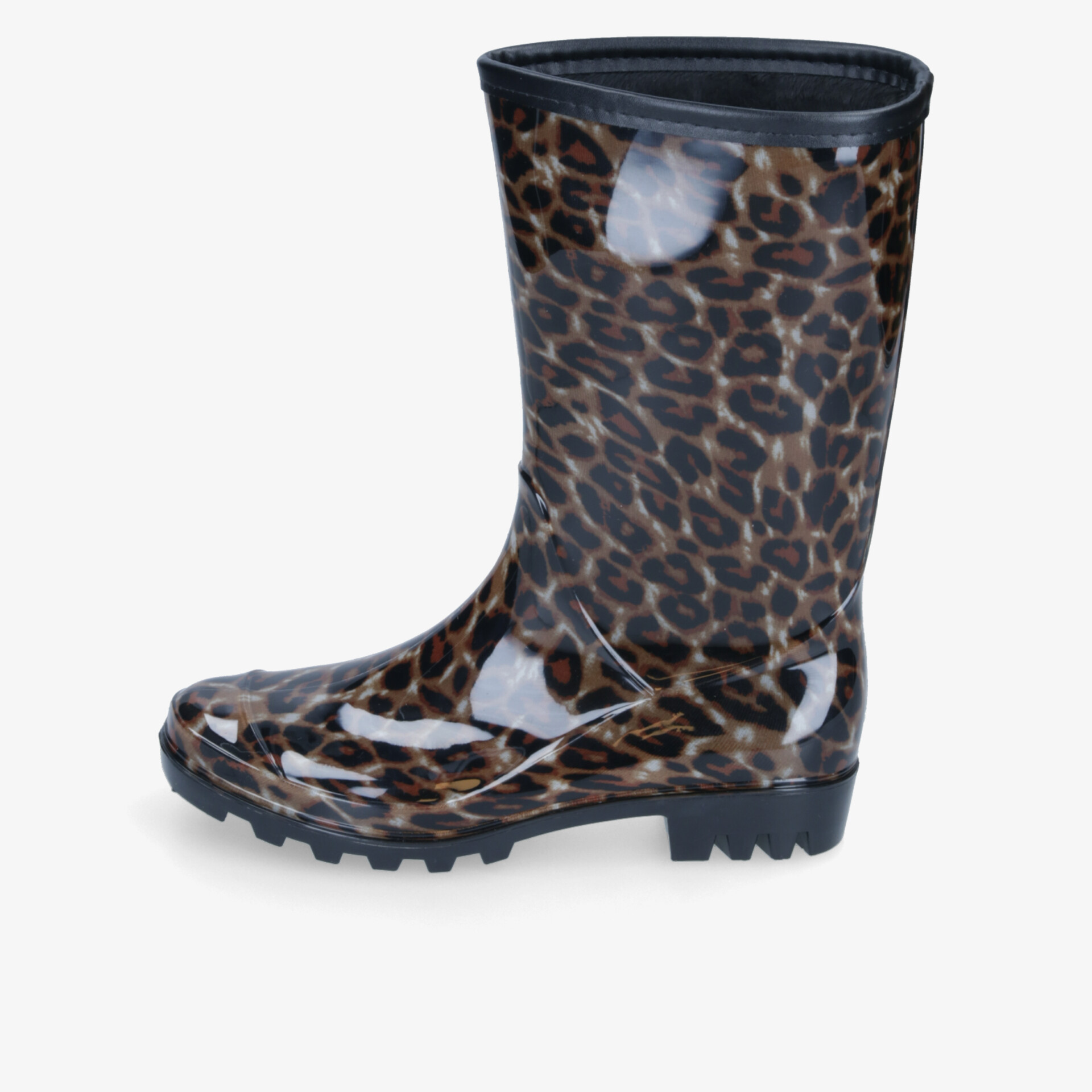 Wasserfester robust glänzender Gummistiefel mit rutschfester Profilsohle und auffälligem Leopardenmuster