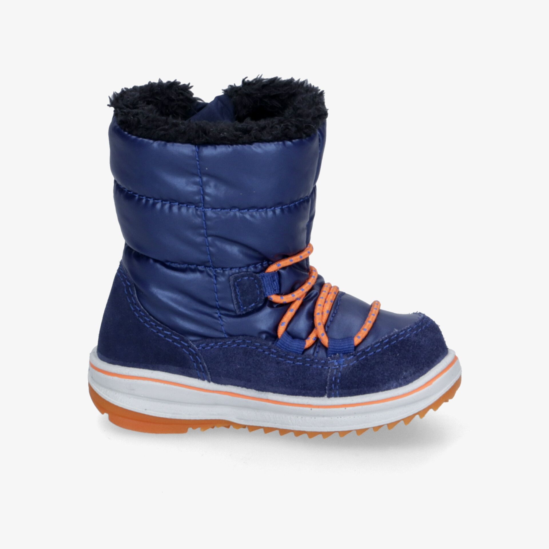 Seitliche Ansicht eines warm gefütterten, robusten Winterstiefels mit rutschfester Sohle und praktischer Schnürung