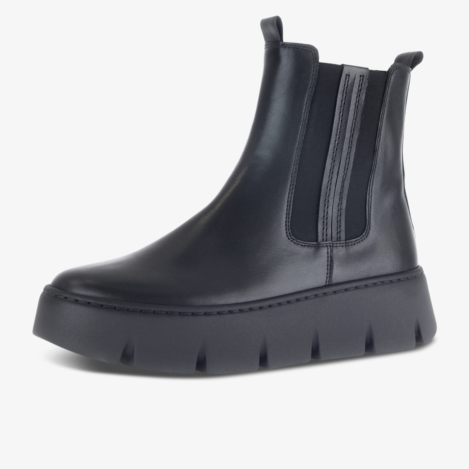 Schwarzer Chelsea Boot mit elastischem Seiteneinsatz und robuster Plateau-Gummisohle für bequemen Halt