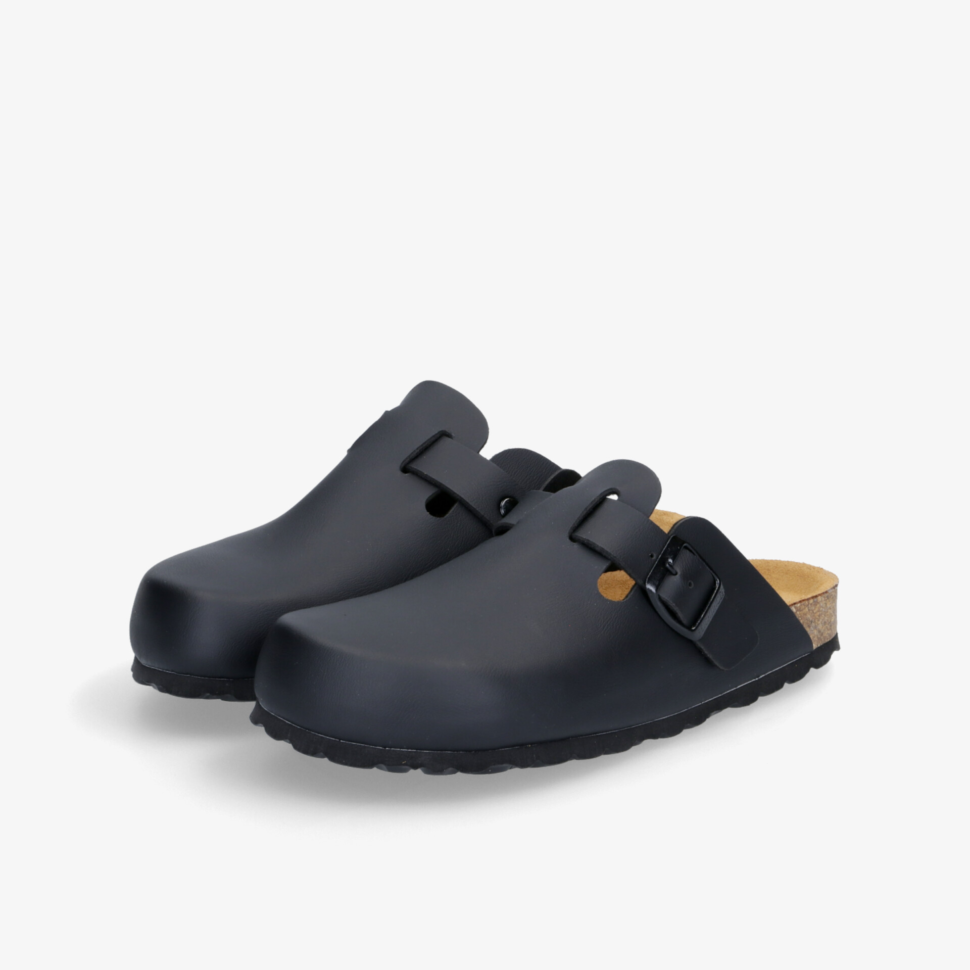 Bequeme schwarze Schuhe mit verstellbarer Schnalle, langlebiger Sohle und klassischem Design.