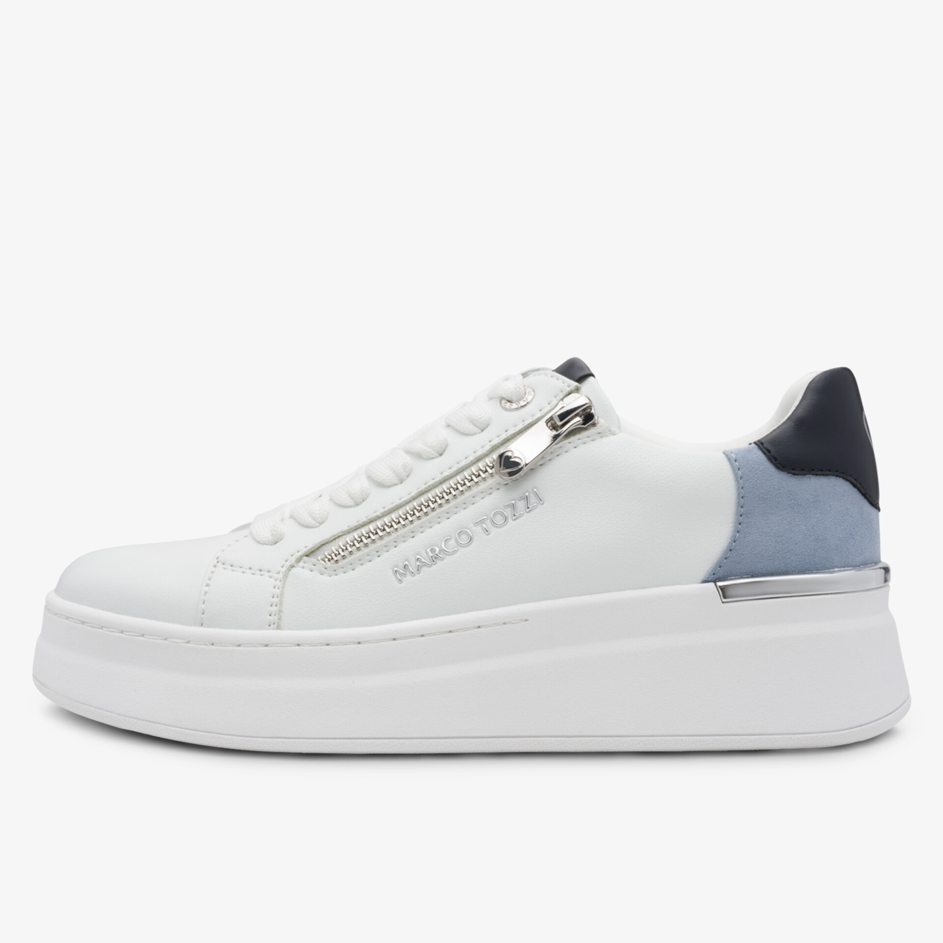 Weißer Sneaker mit Reißverschluss seitlich, dicker Sohle und modischem Design in klarer Seitenansicht