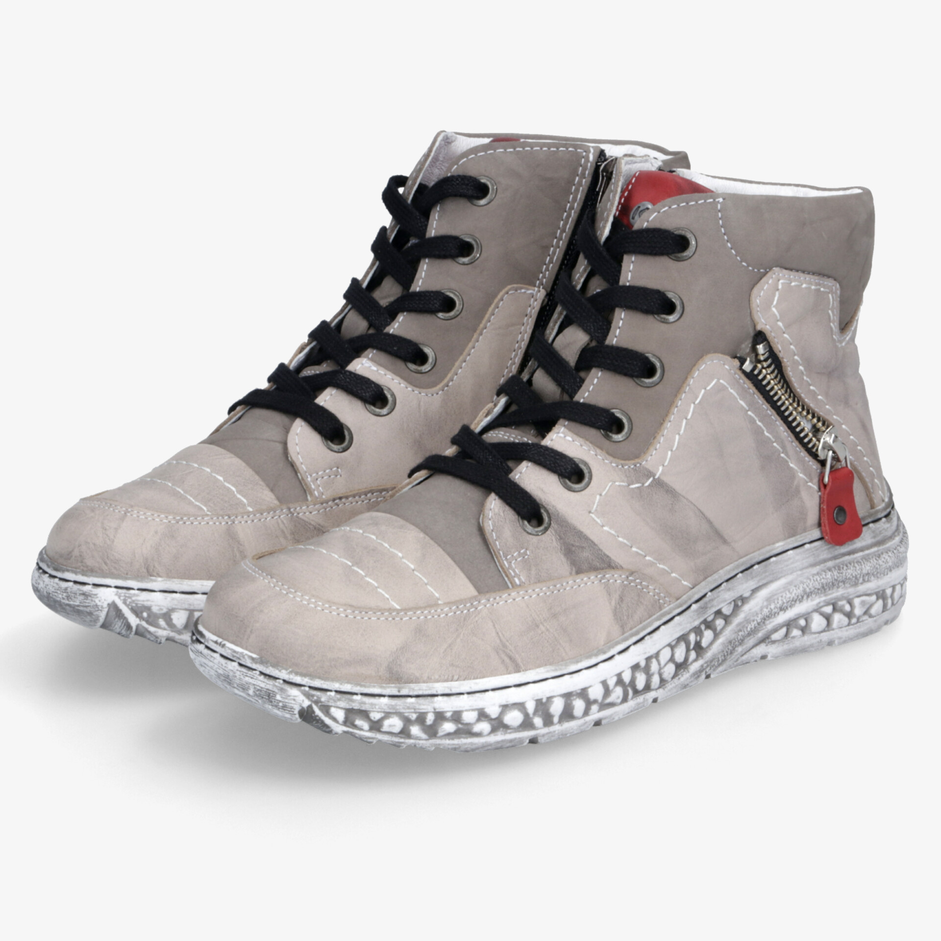 Moderne graue Halbschuhe mit schwarzer Schnürung und seitlichem Reißverschluss, flexible und leichte Sohle