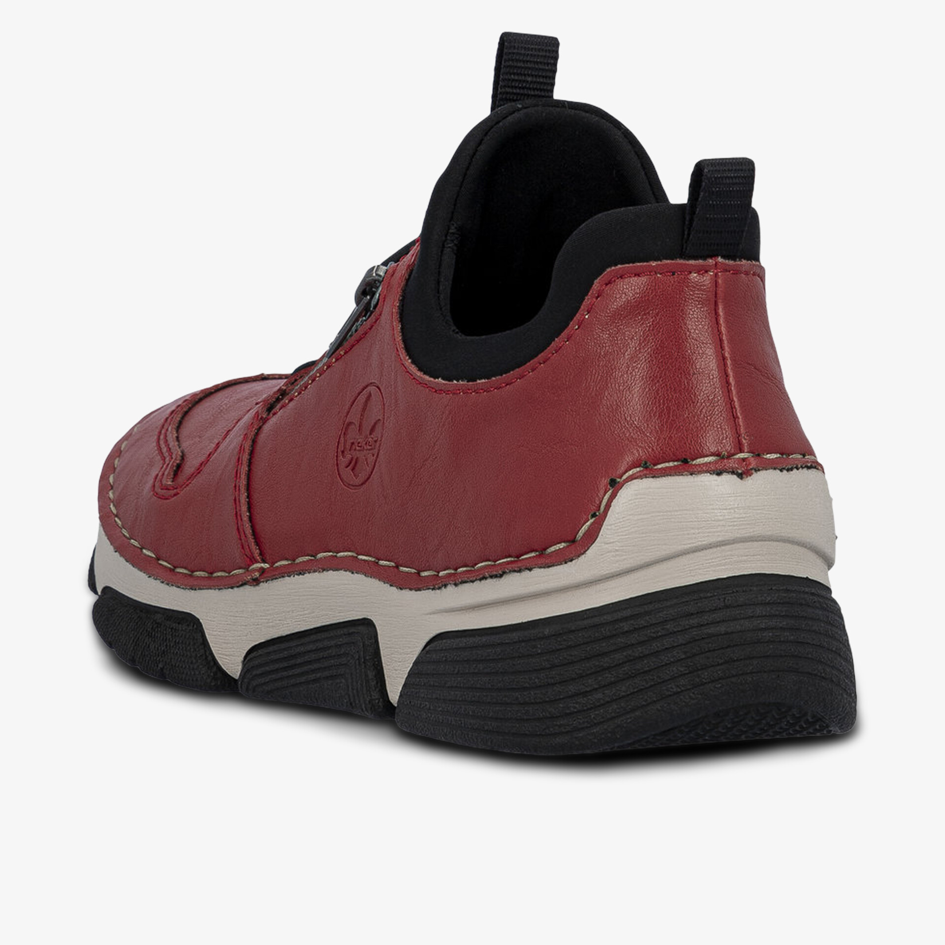 Robuster roter Freizeitschuh mit komfortabler Polsterung und rutschfester Sohle, Rückansicht