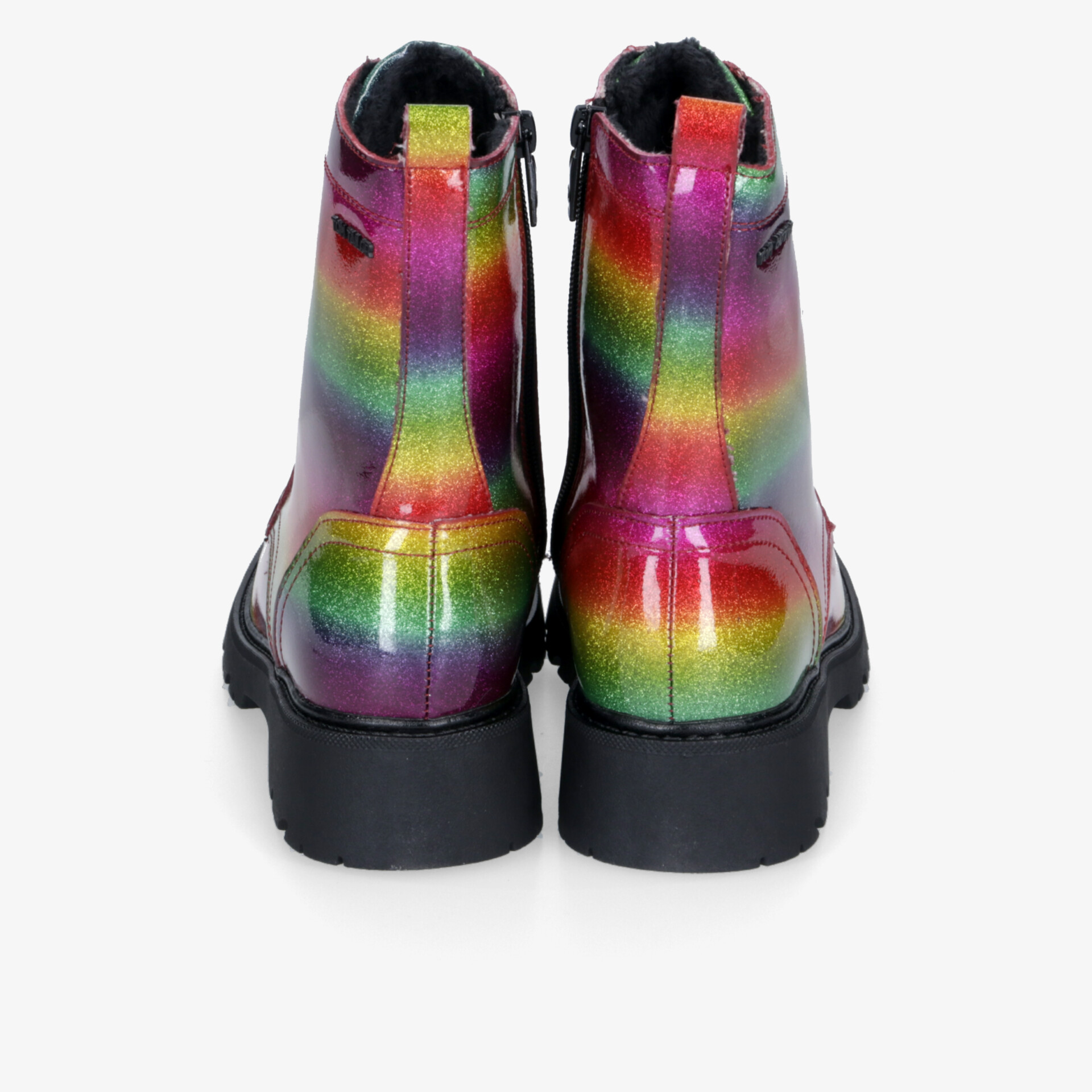 Rückansicht bunter Stiefeletten mit robustem Absatz und Reißverschluss in glänzenden Regenbogenfarben