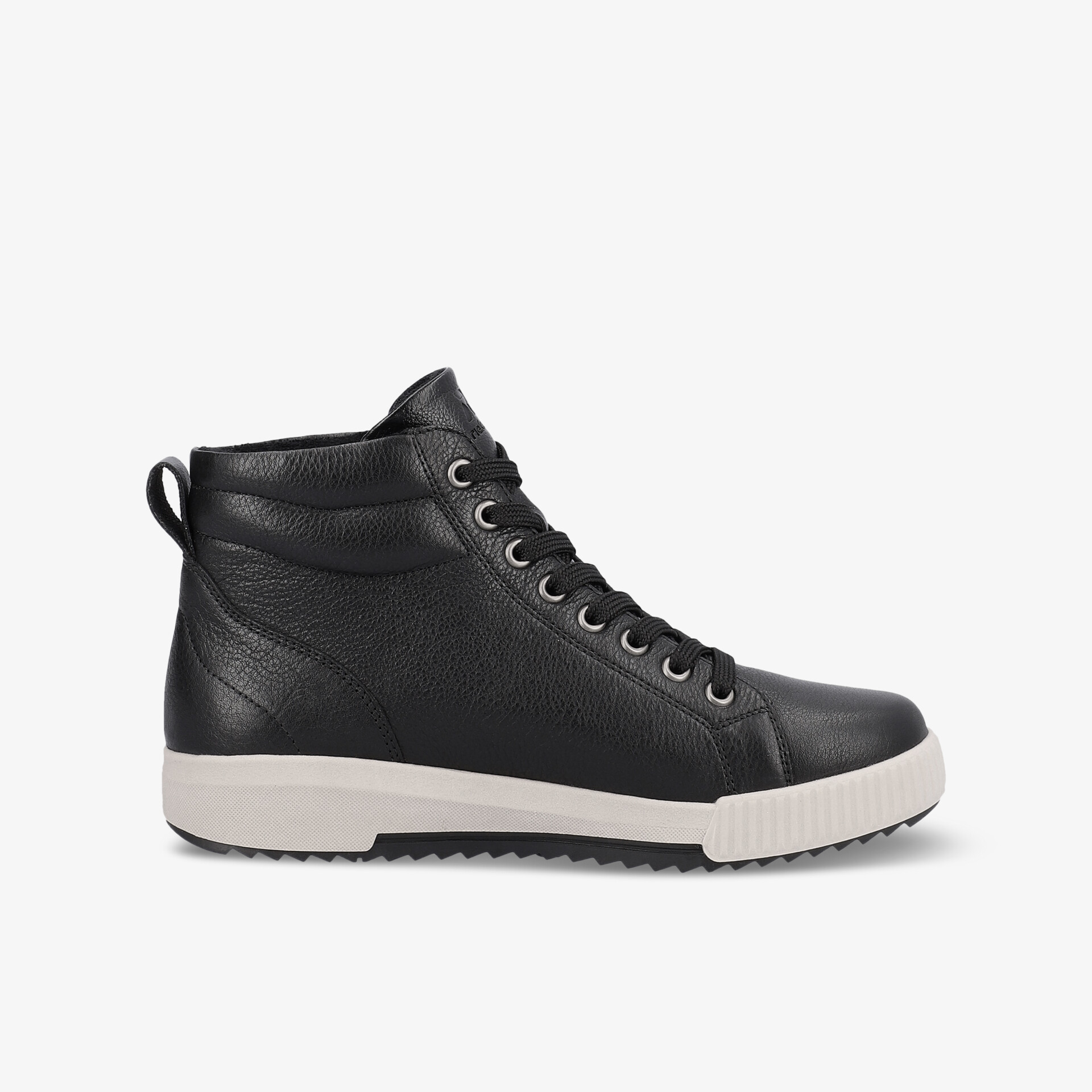 Schwarzer Sneaker mit weißer Sohle in klarer seitlicher Ansicht, bequem und robust für vielseitigen Einsatz