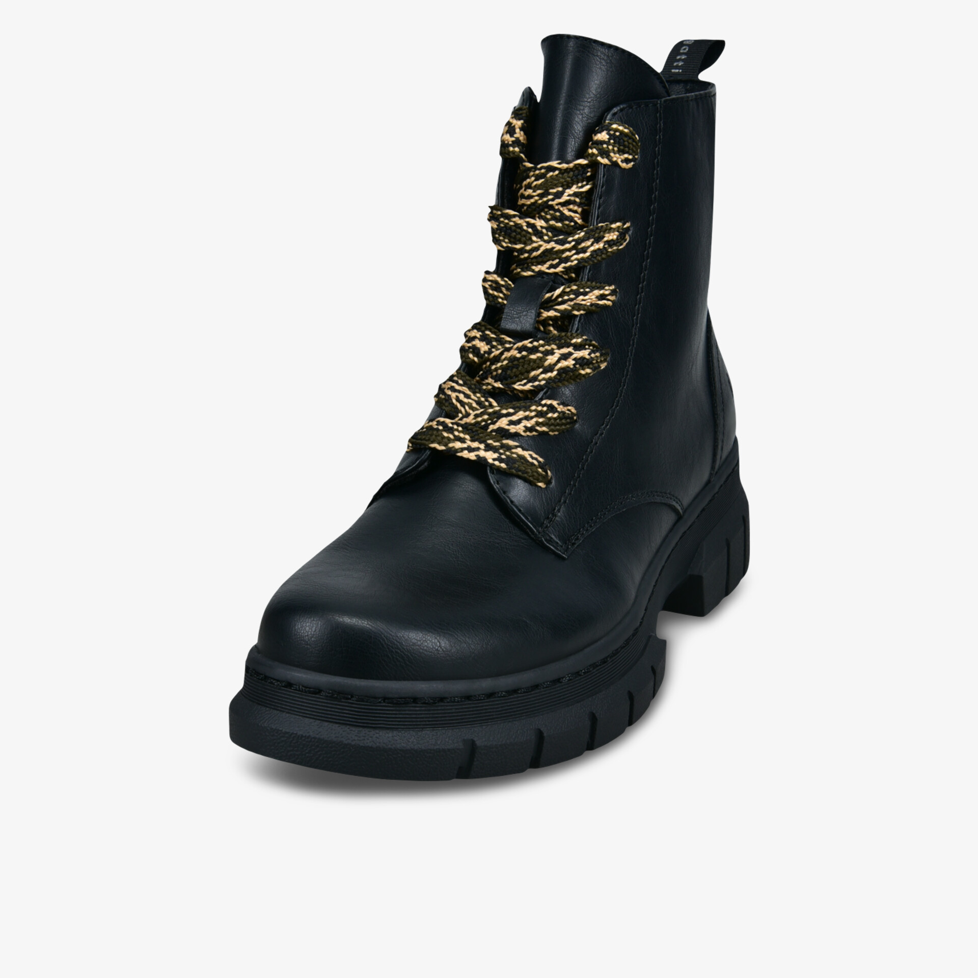 Robuster schwarzer Lederstiefel mit auffälliger Schnürung und rutschfester Sohle, ideal für Alltag und Outdoor