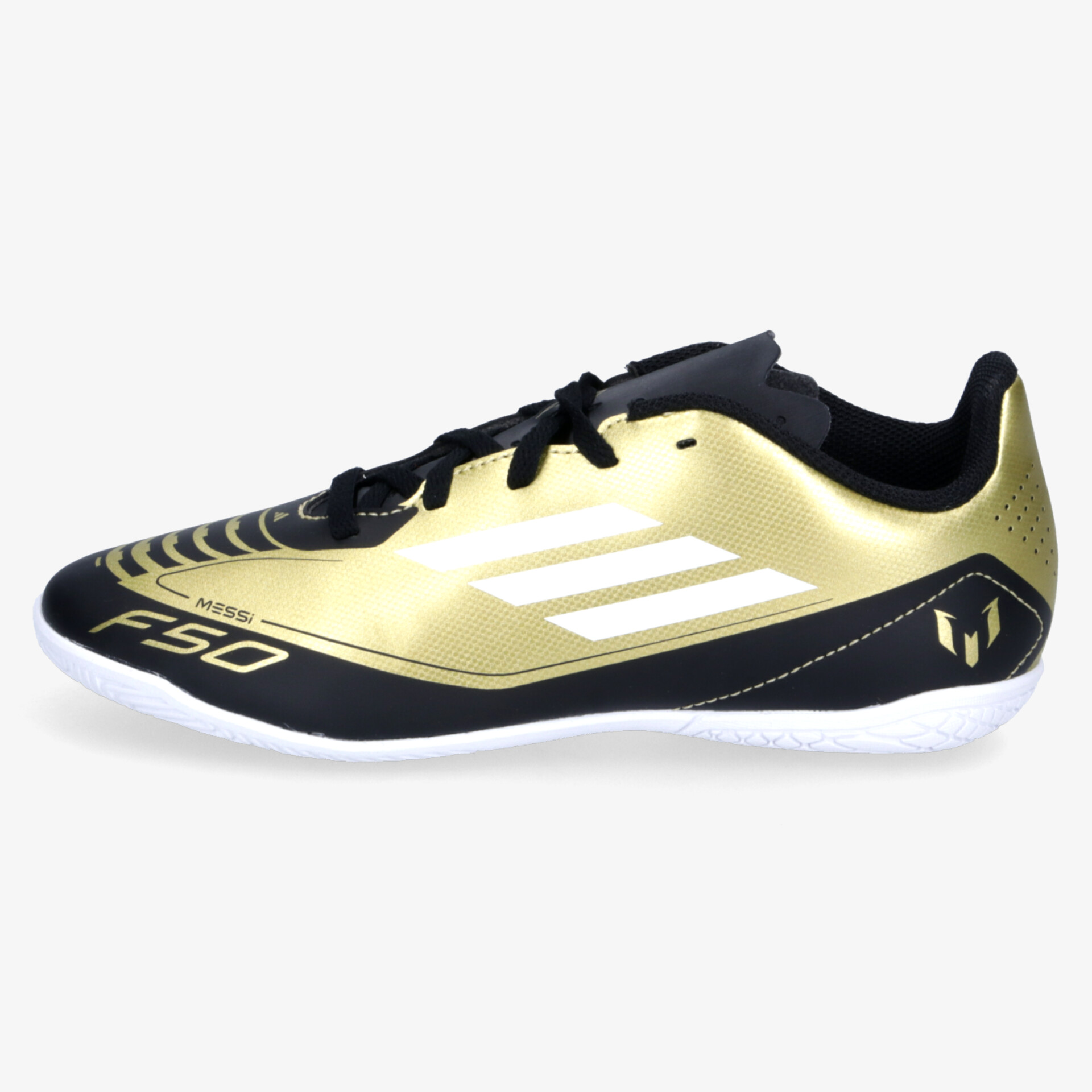 Seitliche Ansicht eines gold-schwarzen Fußballschuhs mit dynamischem Design und schnürbarer Passform.