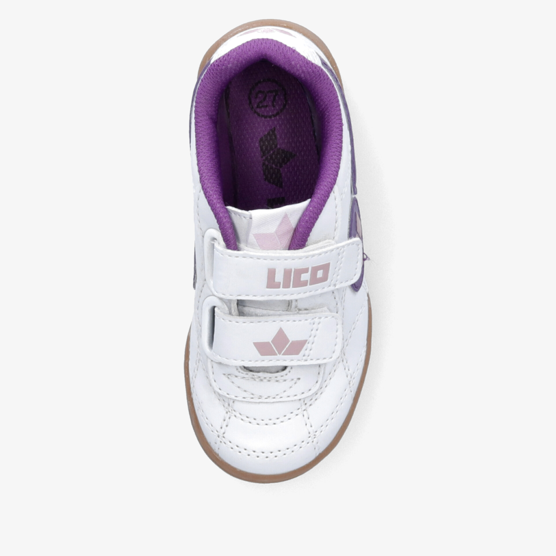 Weißer Sportschuh mit lila Innenfutter und praktischem Klettverschluss für sicheren und bequemen Halt