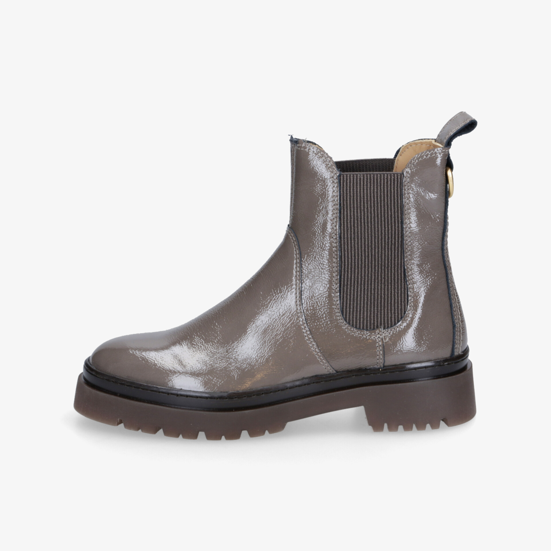 Eleganter Chelsea Boot aus glänzendem Leder mit elastischen Einsätzen und Profilsohle, seitliche Ansicht