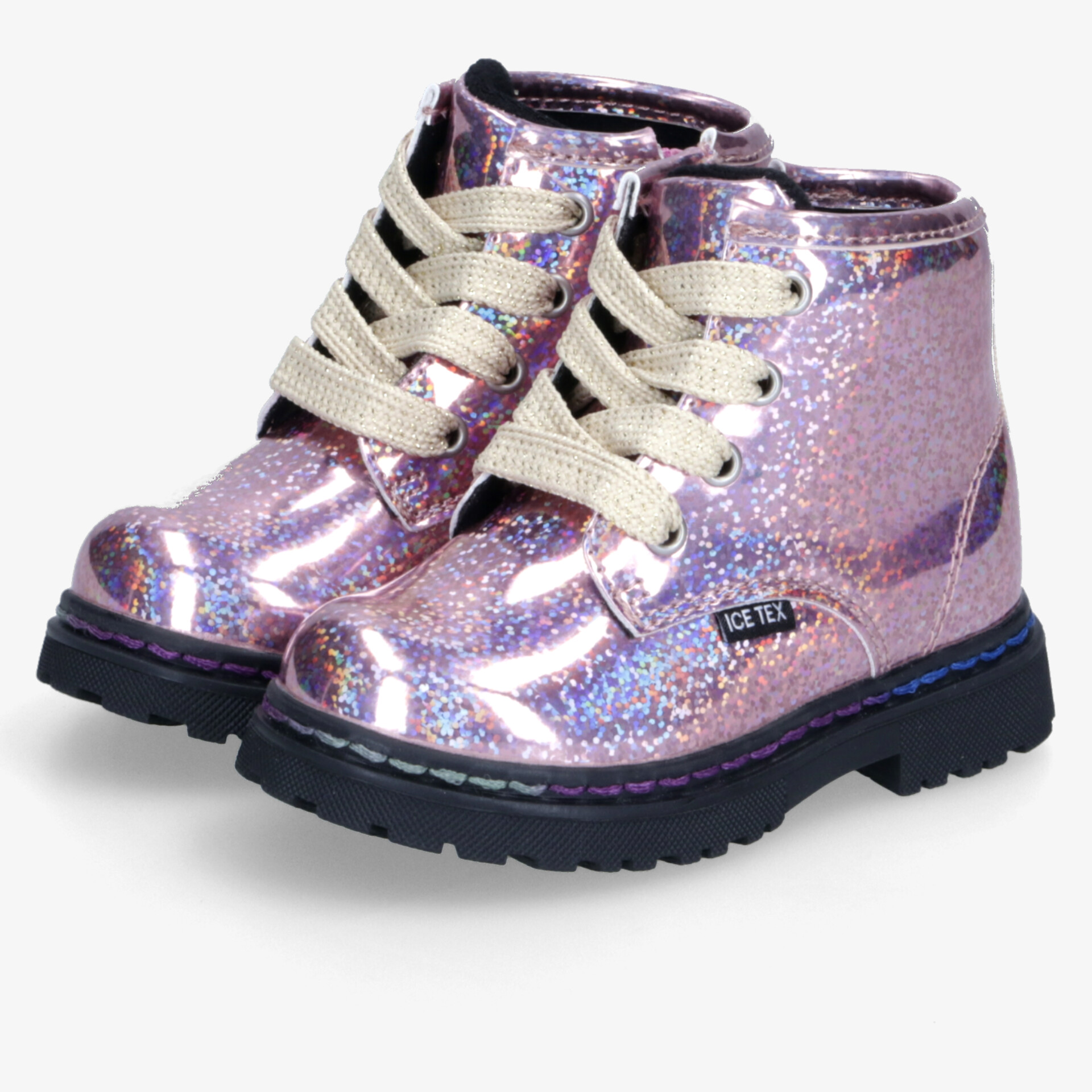 Glitzernde lilafarbene Stiefel mit Schnürsenkeln und robuster, rutschfester Sohle, bequem und strapazierfähig