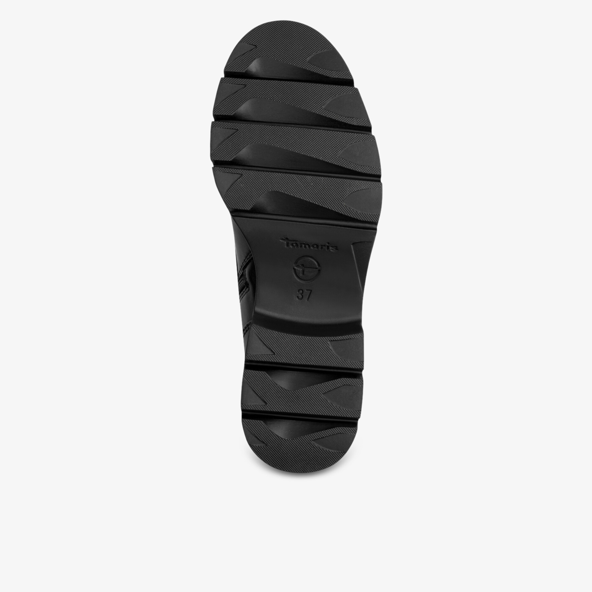 Robuste schwarze Schuhsohle mit tiefem Profil für sicheren Halt und hohe Abriebfestigkeit