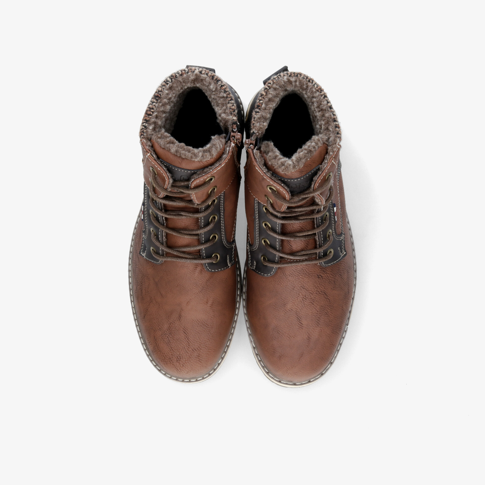 Robuste braune Winterstiefel mit warmer Innenfütterung und klassischen Schnürsenkeln, Draufsicht
