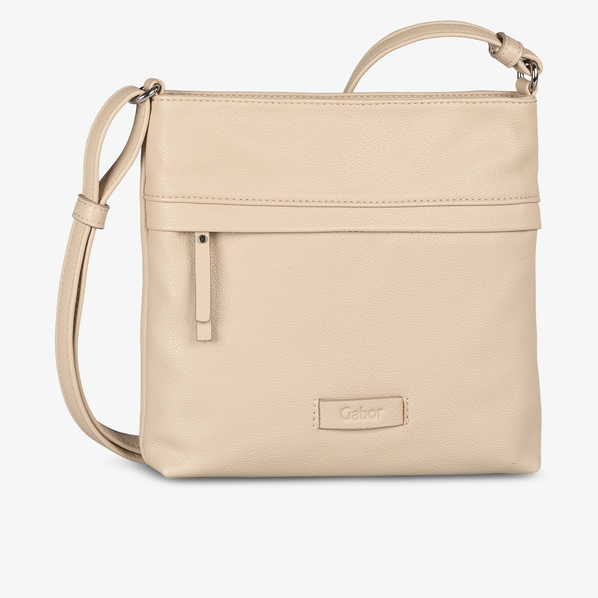 Beige Umhängetasche mit glattem Material und Reißverschluss vorne, minimalistisches und elegantes Design
