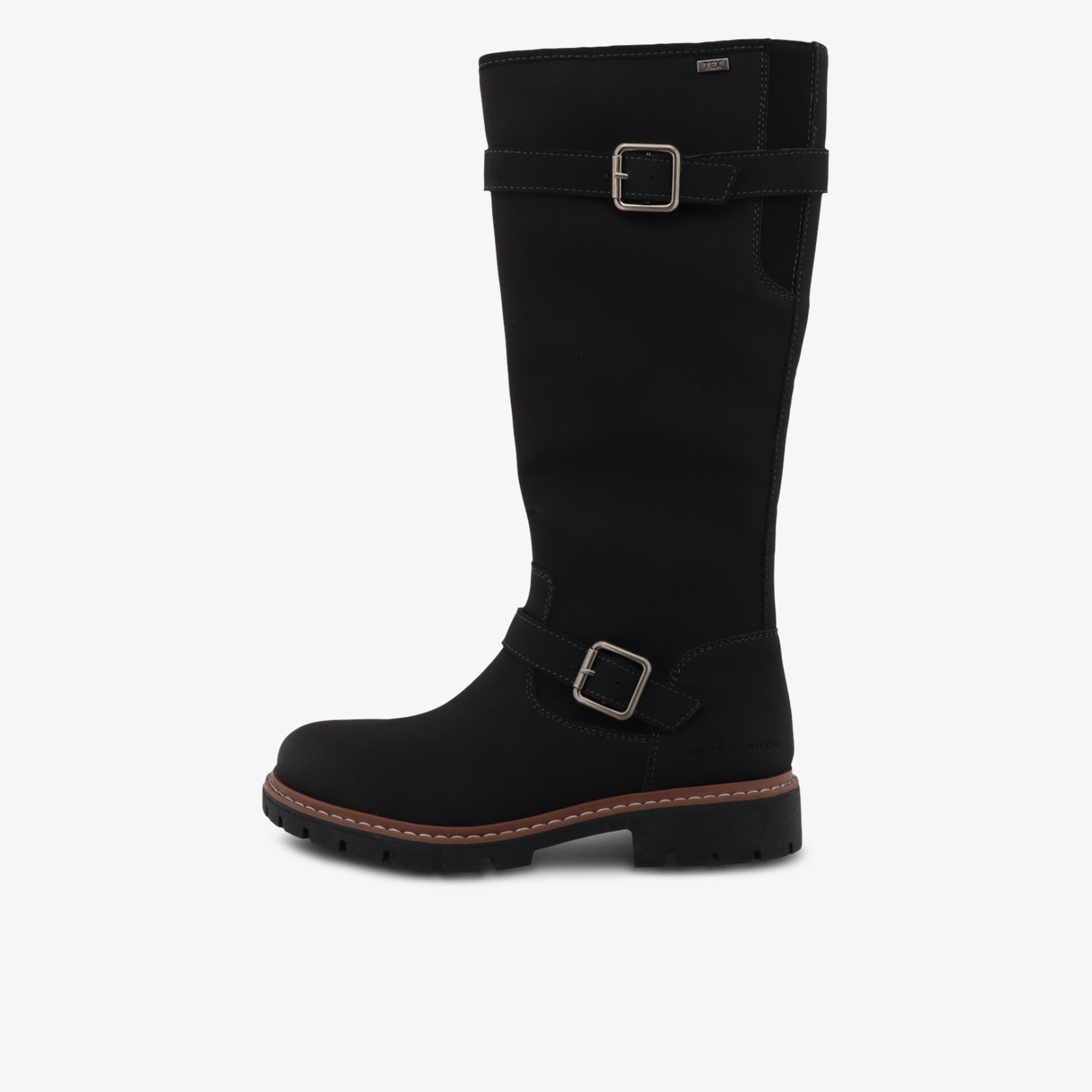 Schwarzer Stiefel mit zwei Schnallen und robustem Absatz, seitliche Ansicht