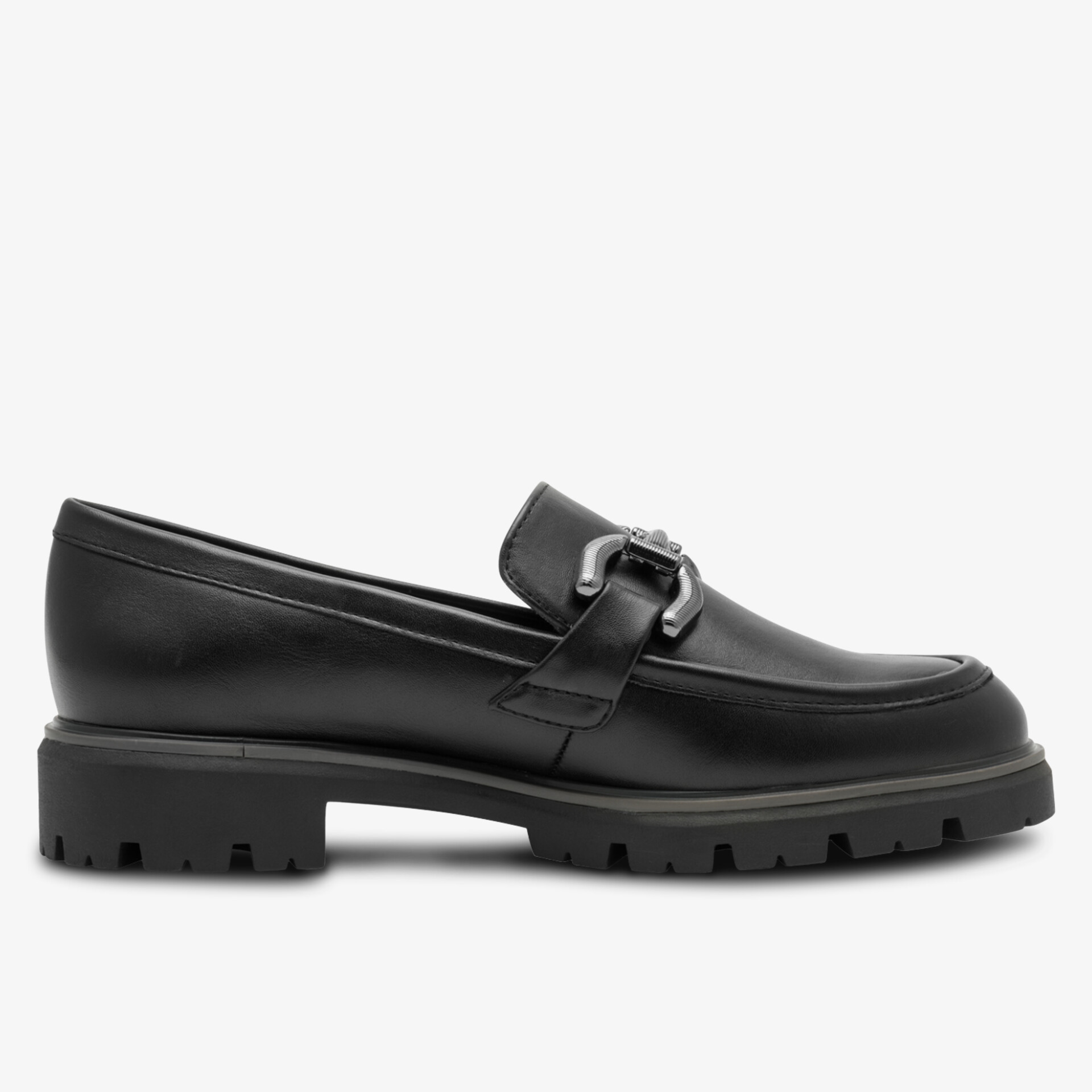 Schwarzer Loafer aus Leder mit robustem Absatz und elegantem Design in seitlicher Ansicht