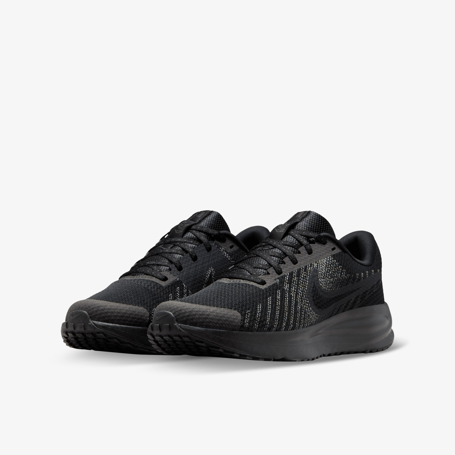 Sportliche schwarze Laufschuhe im Paar mit atmungsaktivem Material und rutschfester Sohle für optimalen Komfort