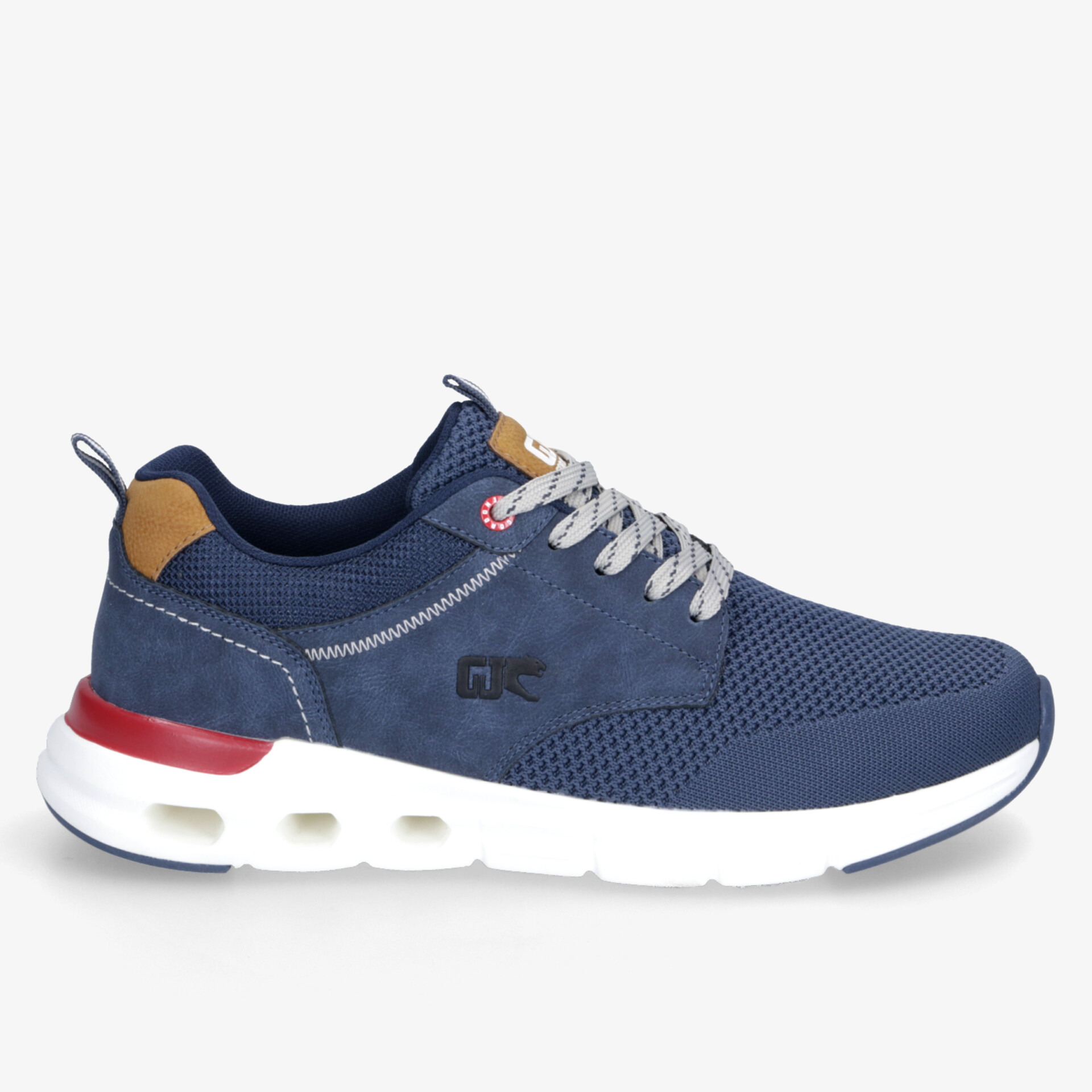Stylischer blauer Sneaker mit weißer Sohle und roten Akzenten, ideal für Komfort und moderne Mode.