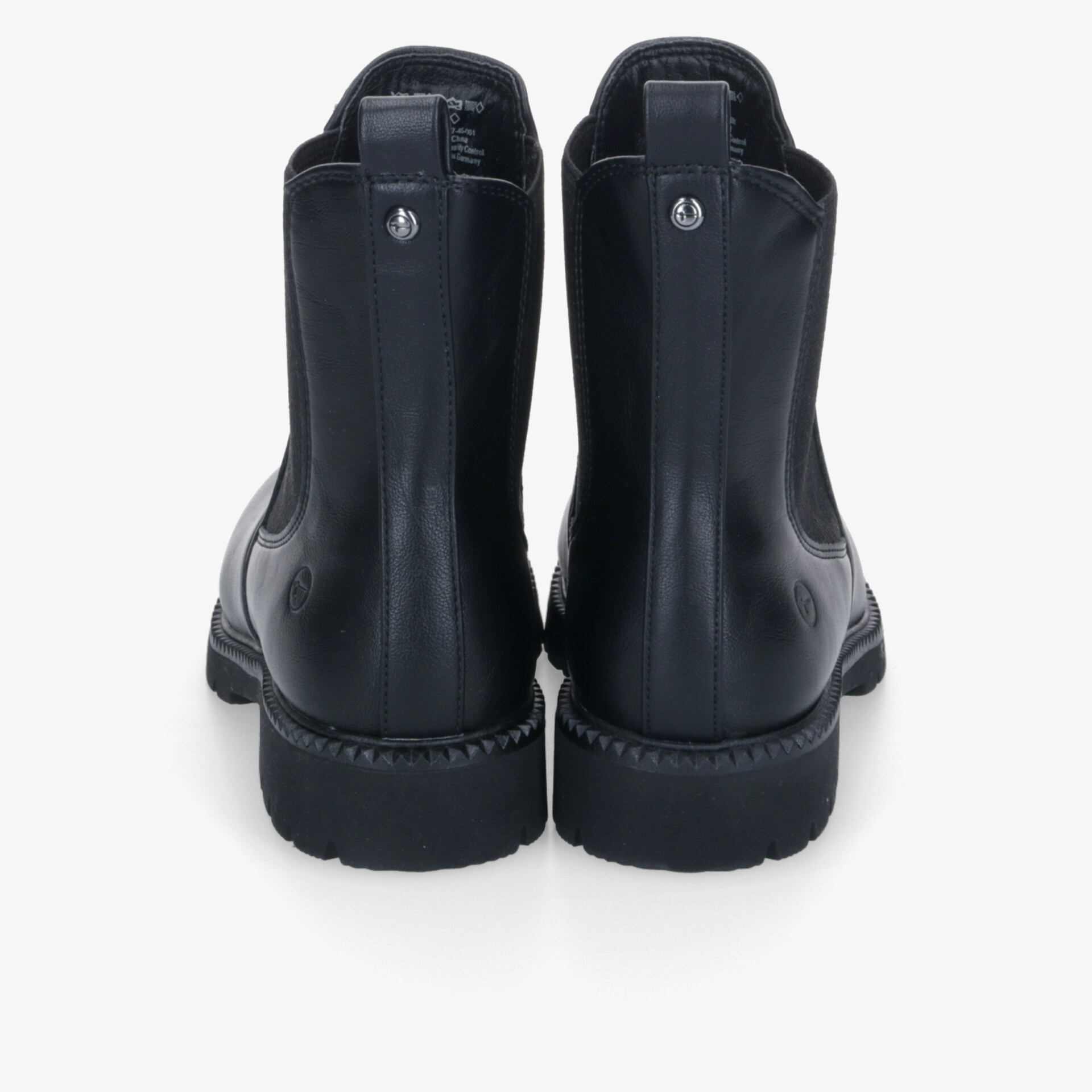 Rückansicht von robusten schwarzen Arbeitsstiefeln mit hohem Schaft und rutschfester Sohle