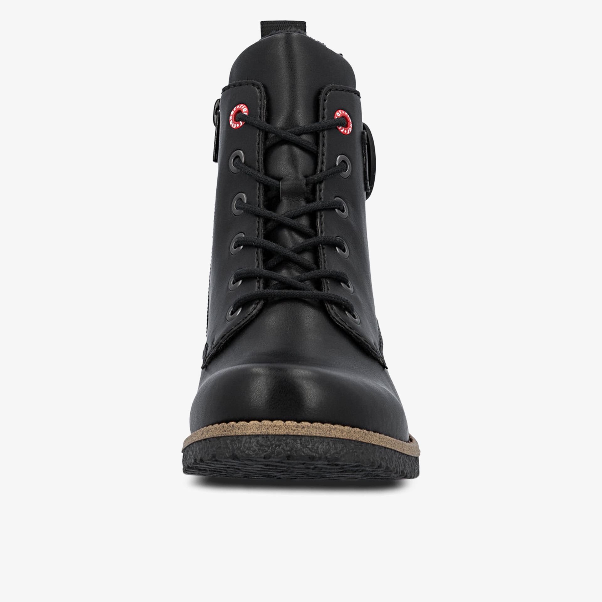 Robuster schwarzer Schuh mit markanter Profilsohle und komfortabler Schnürung frontal