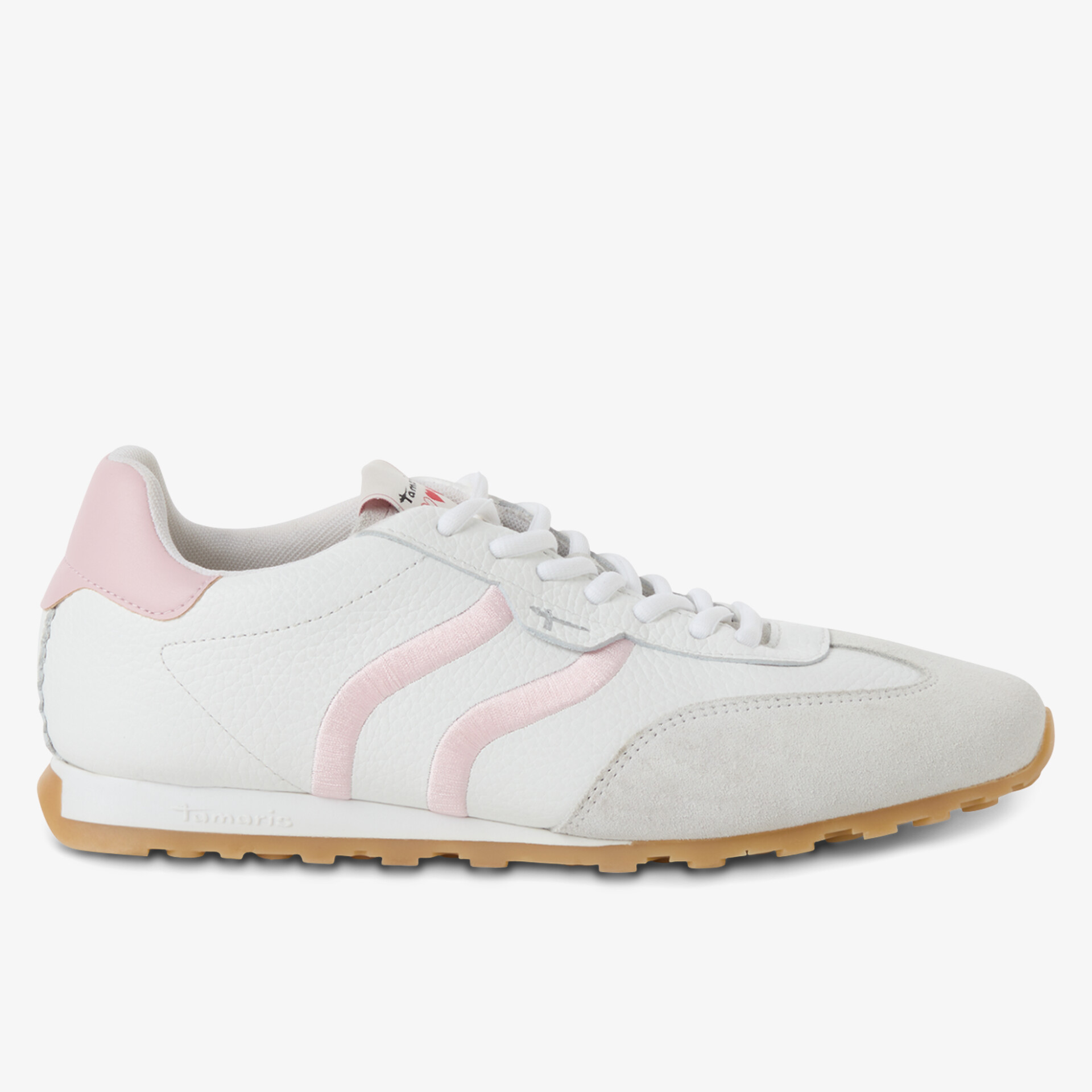 Ein sportlicher Sneaker in Weiß und Rosa mit rutschfester Sohle und atmungsaktivem Material.