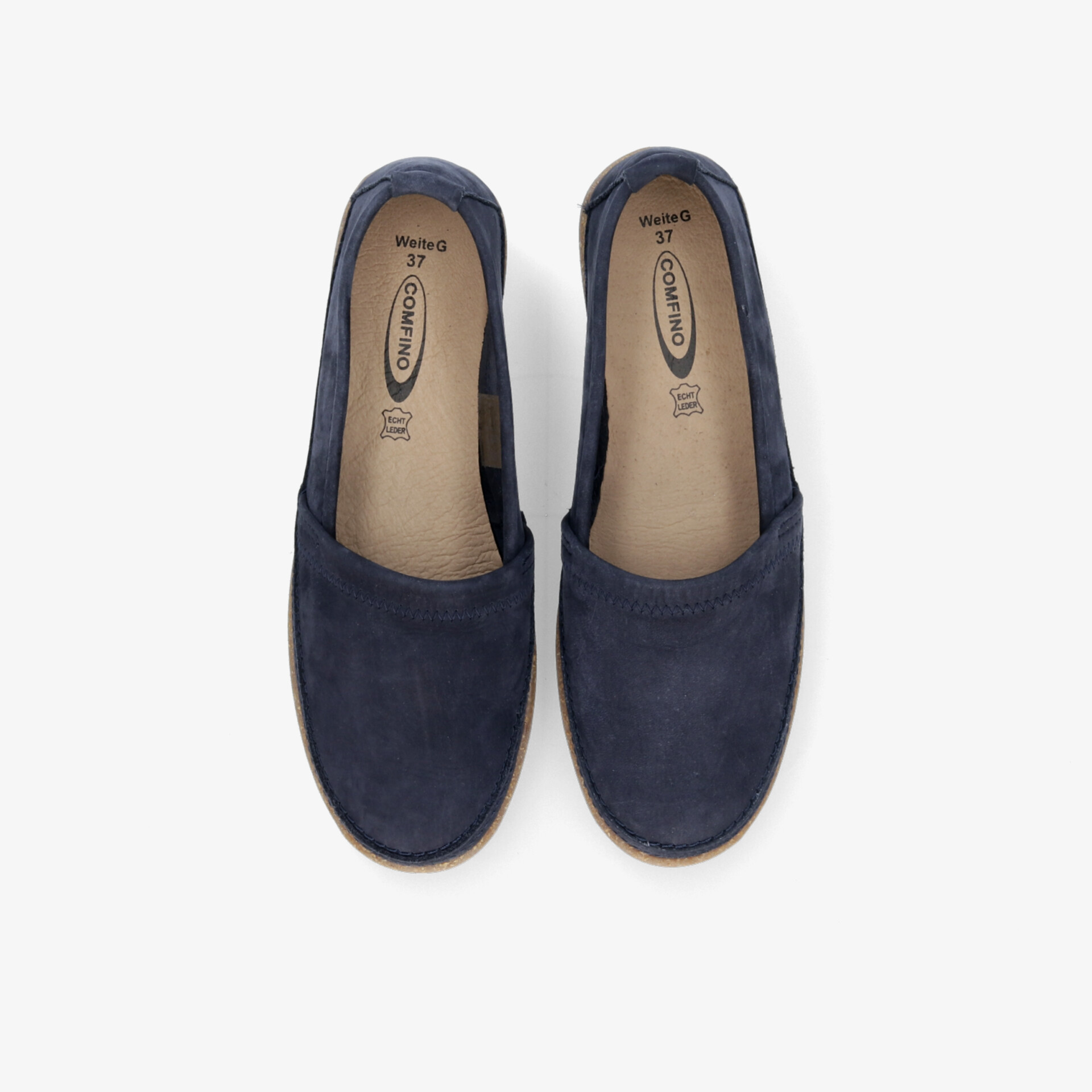 Bequemes Paar dunkelblauer Veloursleder-Slipper mit weichem Innenfutter und rutschfester Sohle, Draufsicht