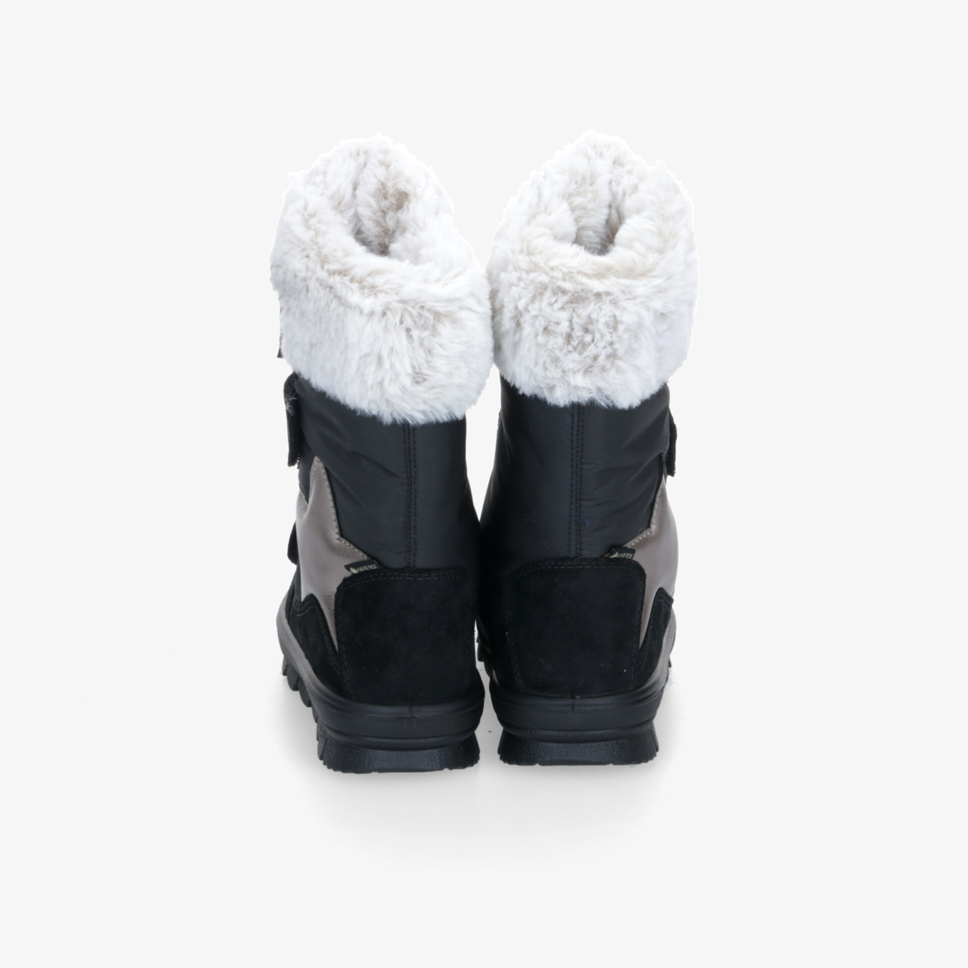 Warme schwarze Winterstiefel mit flauschigem Innenfutter, rutschfester Sohle und robustem Material, Rückansicht