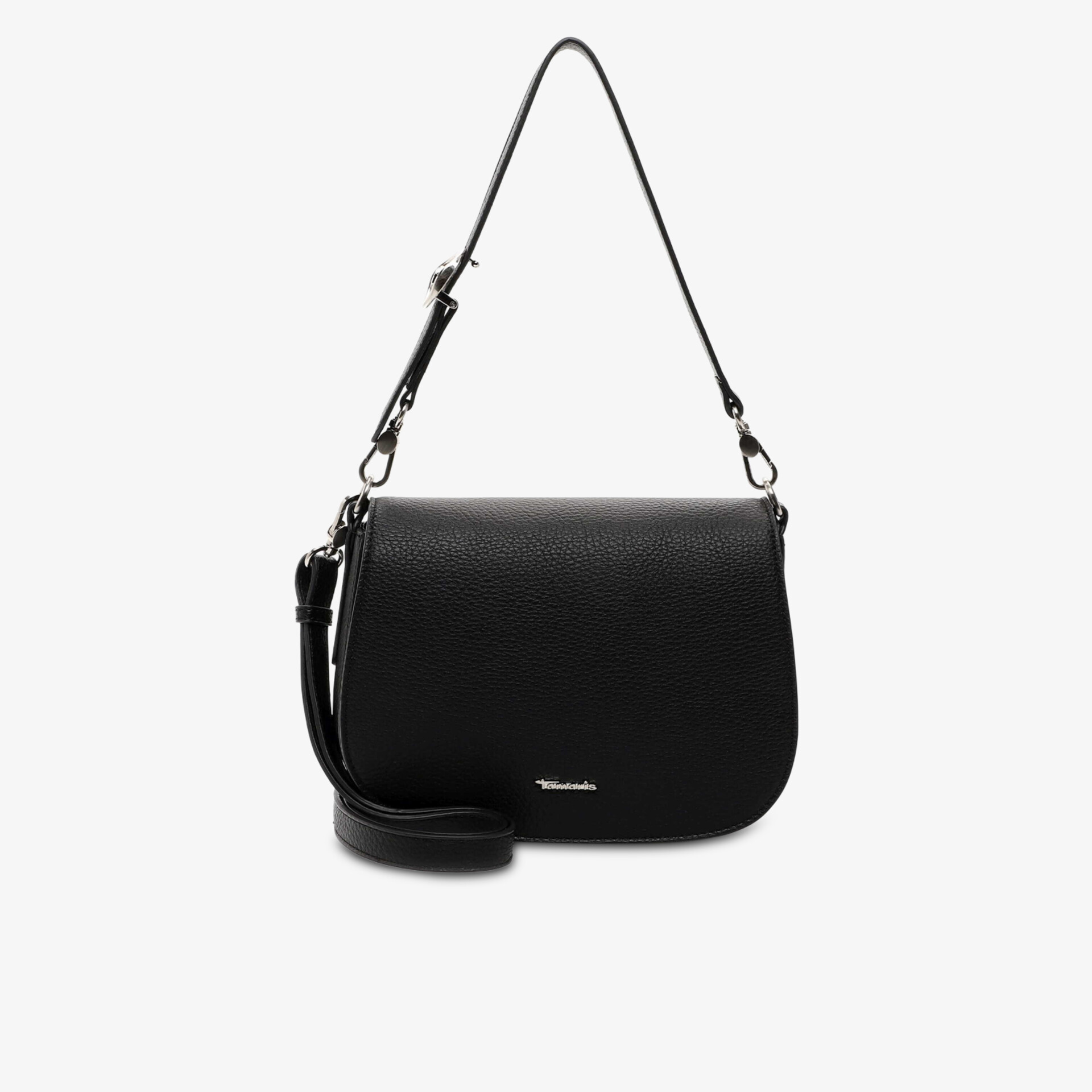 Schwarze Umhängetasche mit glattem Material und verstellbarem Riemen, minimalistisches und praktisches Design