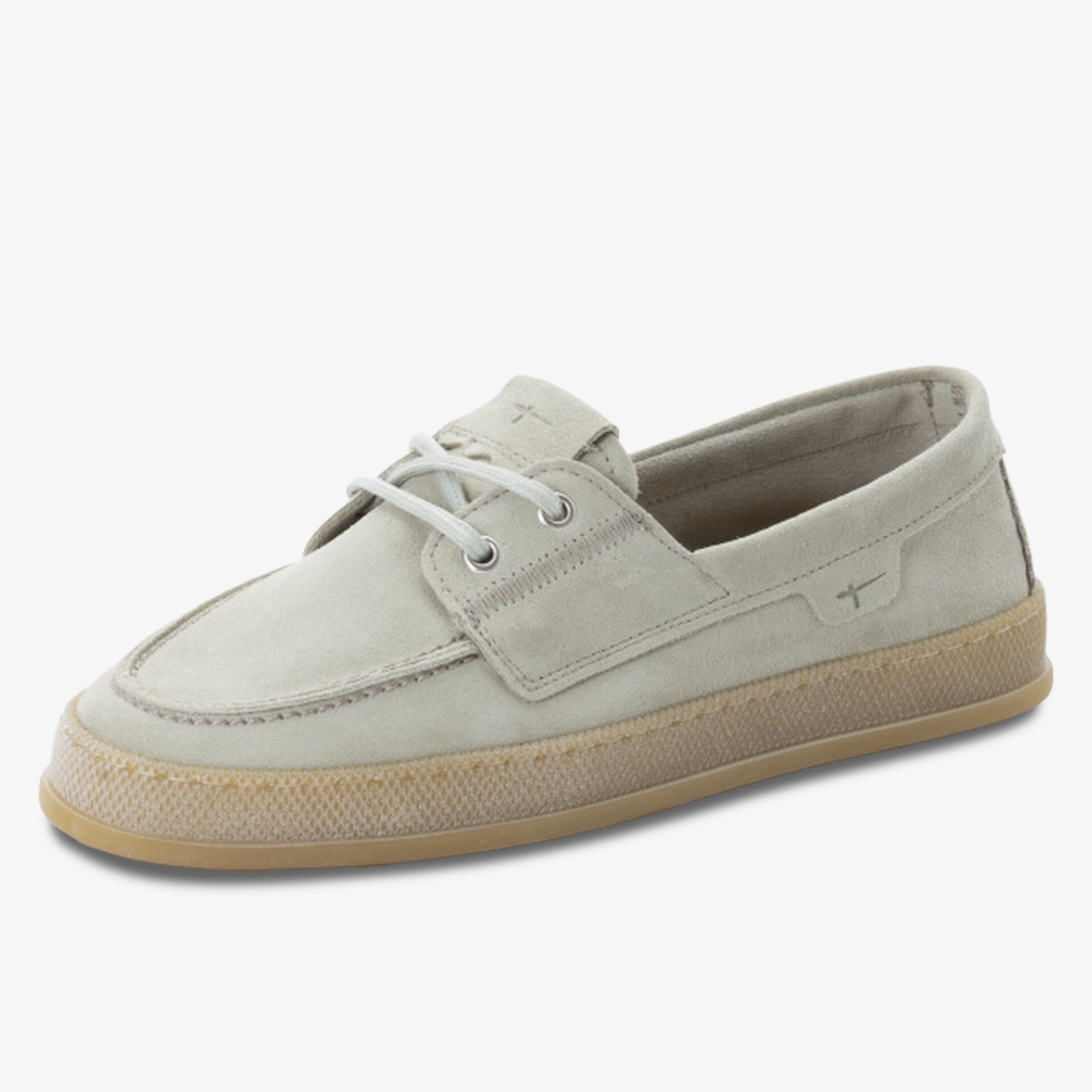 Bequemer hellbeiger Schuh mit eleganten Linien und leichter Sohle in schräger Vorderansicht