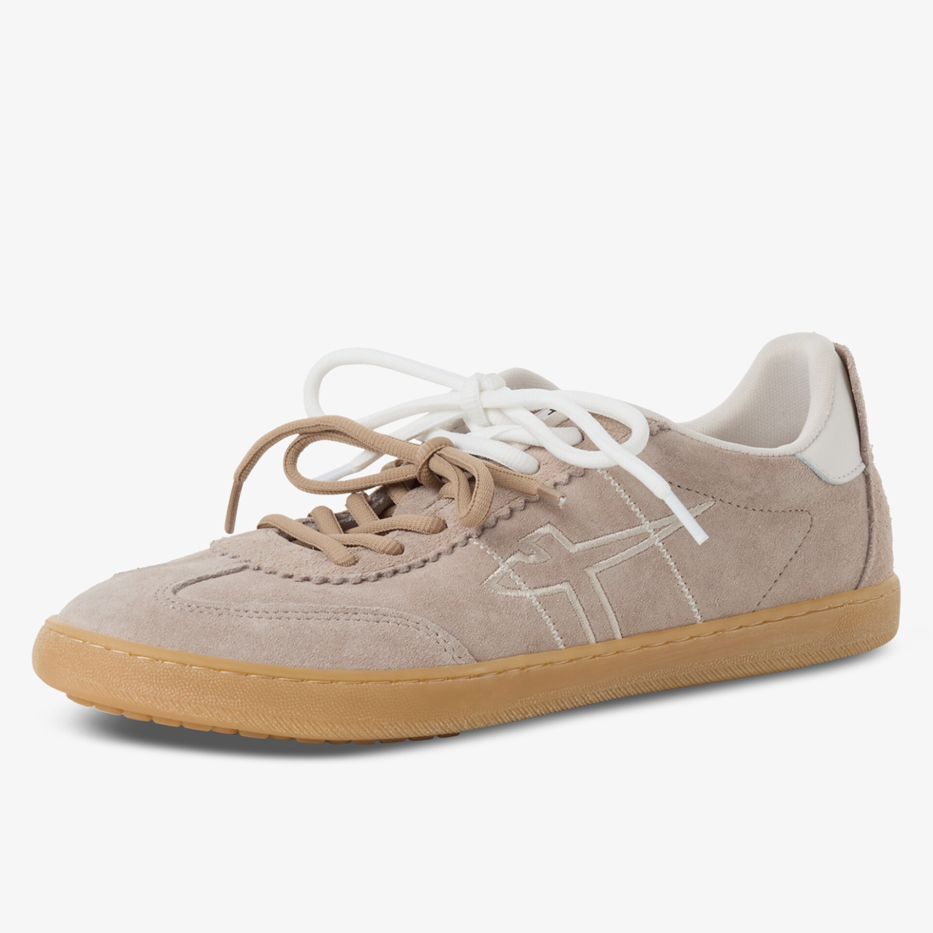 Beiger Sneaker aus Wildleder mit flexibler Gummisohle und dekorativer Schnürung, seitliche Ansicht