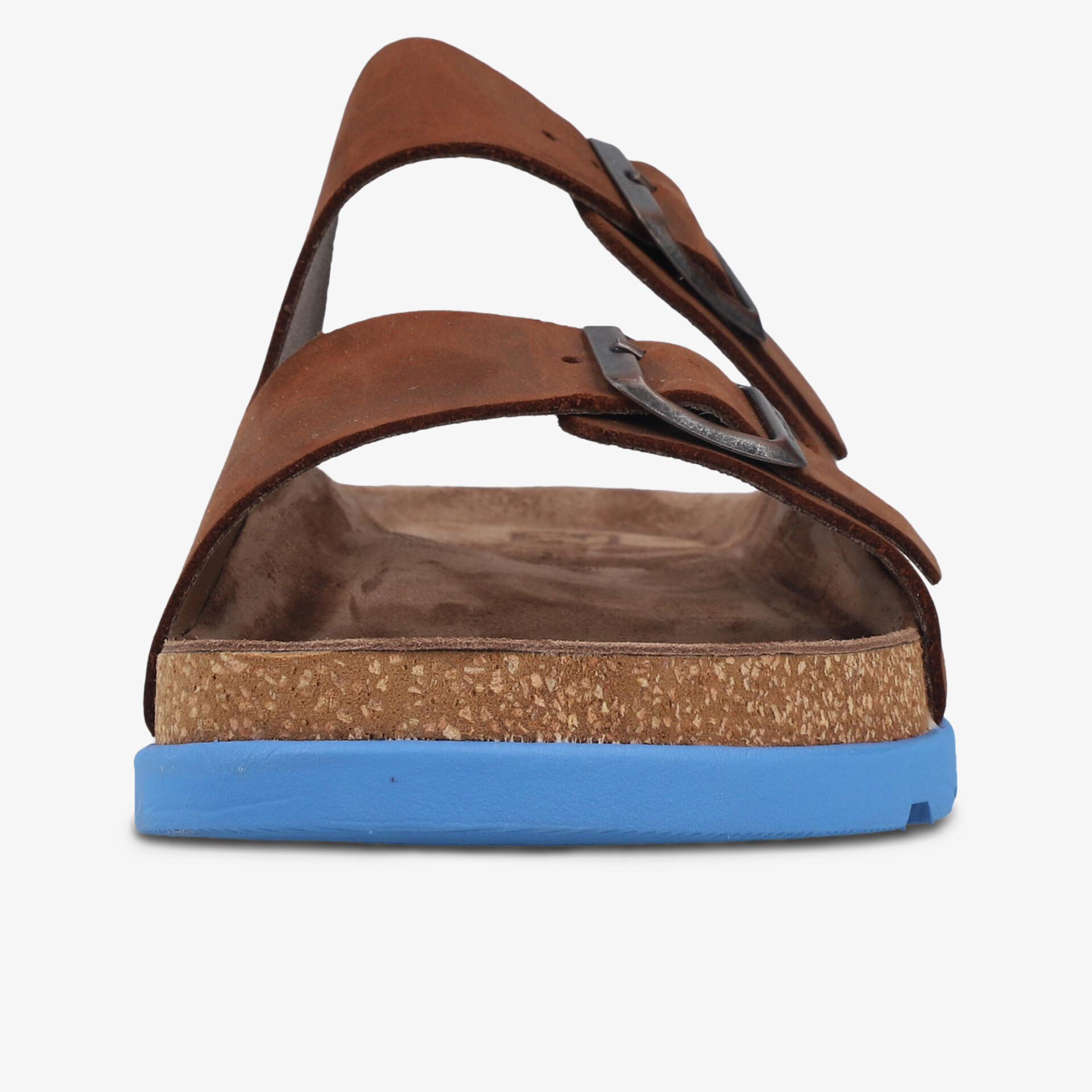 Sandale mit verstellbaren Riemen und komfortablem Korkfußbett, blaue Sohle, Frontansicht