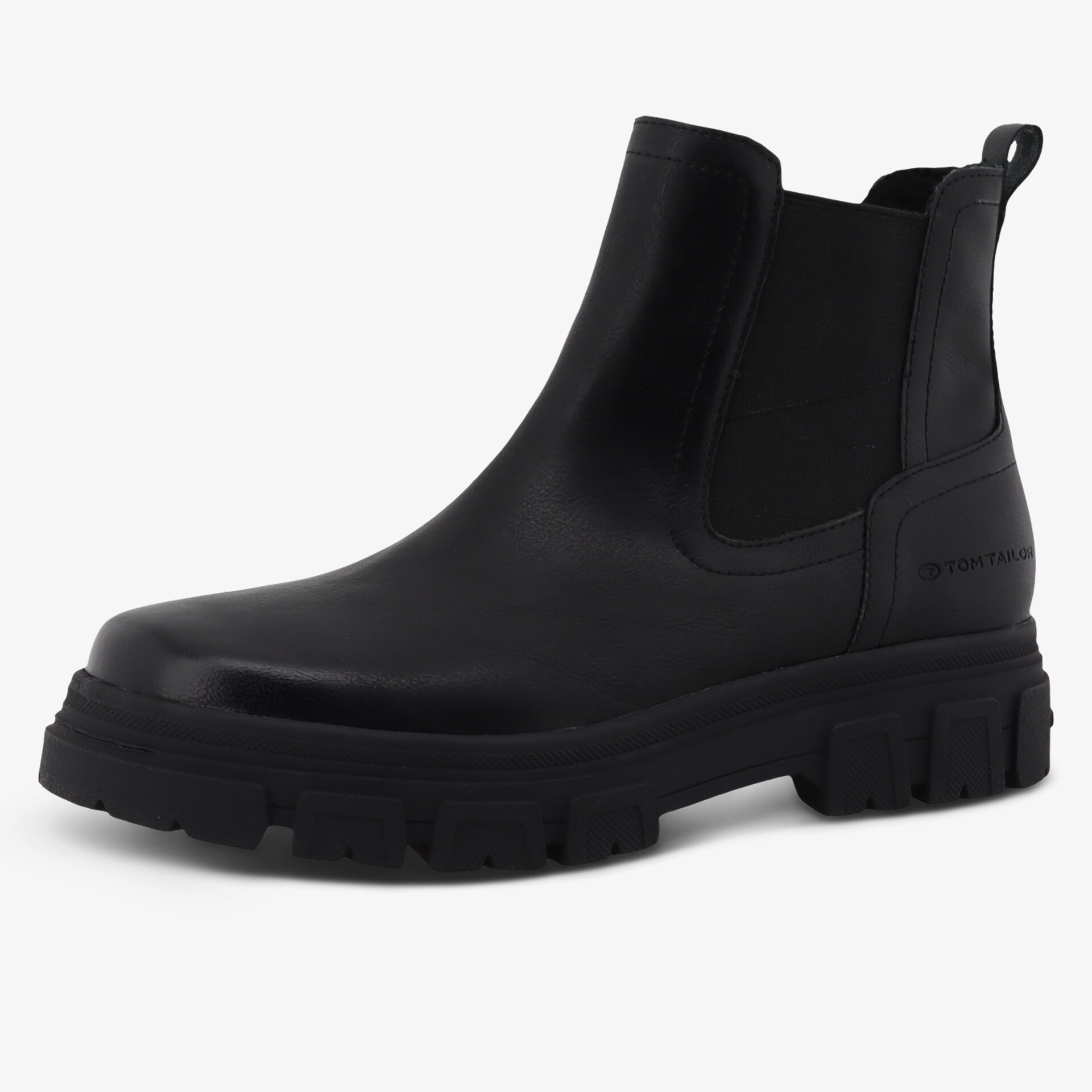 Schwarzer robuster Chelsea Boot aus Leder mit elastischen Einsätzen und profilierter Sohle für modernen Look