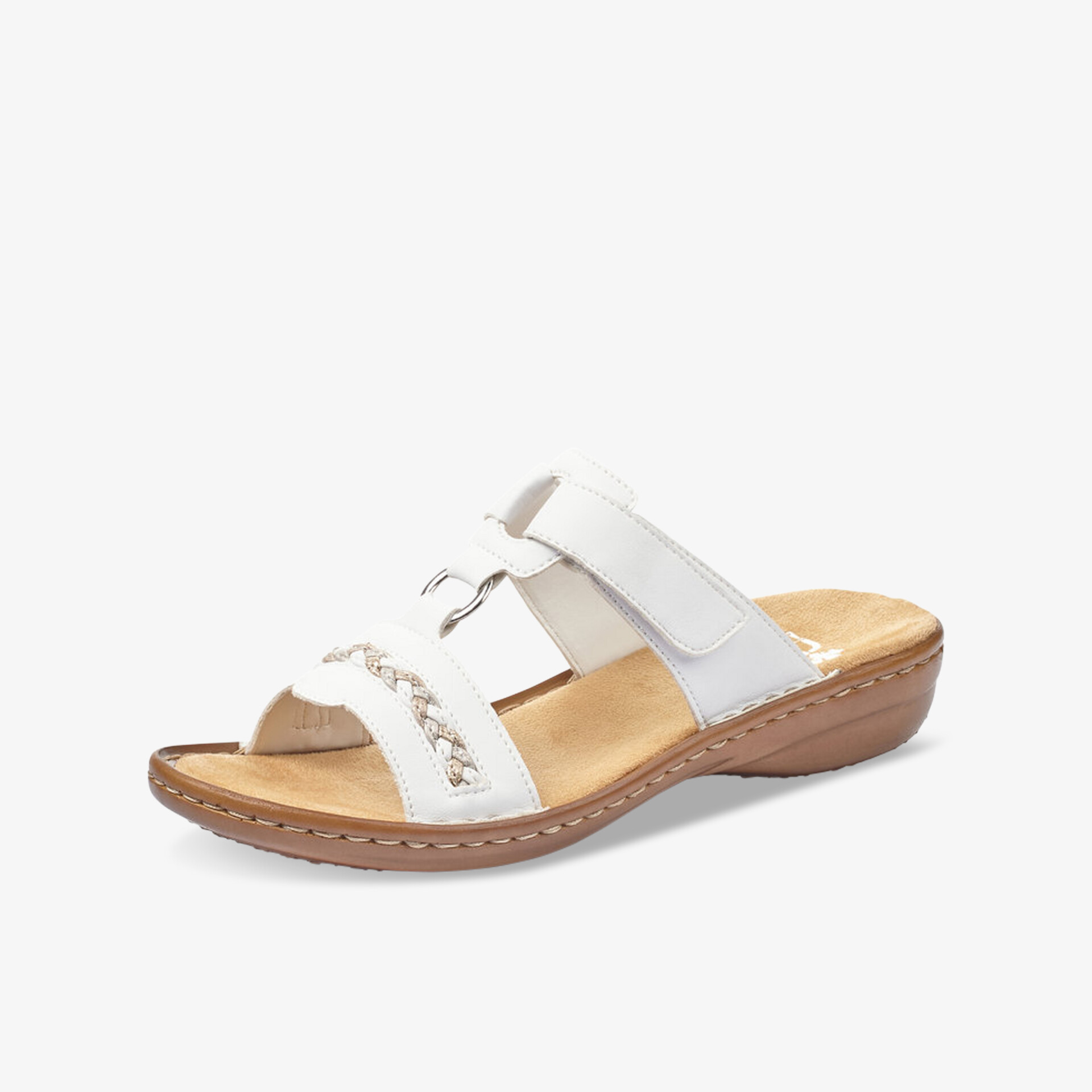Weiße Sandale mit Keilabsatz, verstellbarem Riemen und weicher Innensohle für hohen Tragekomfort