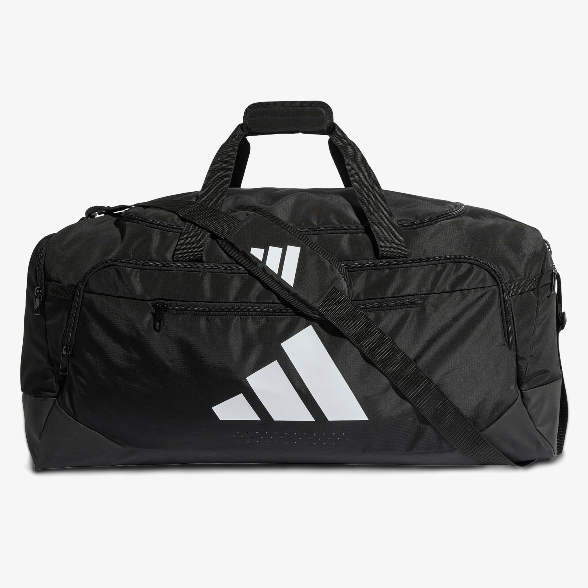 Große schwarze Reisetasche mit verstellbarem Schulterriemen und mehreren Fächern für vielseitige Nutzung