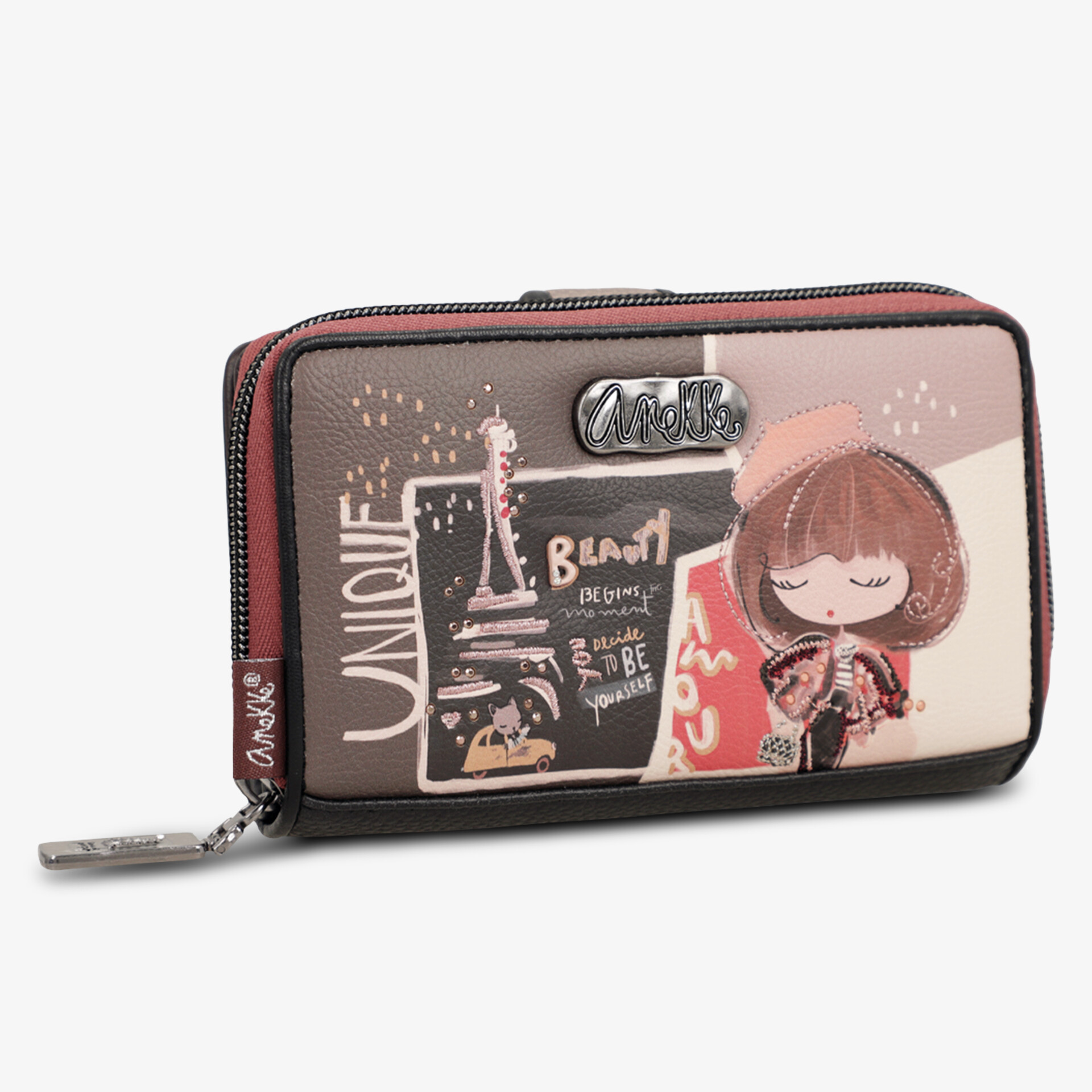 Kompaktes Portemonnaie mit Reißverschluss und moderner bunter Illustration, ideal für Alltag und Organisation