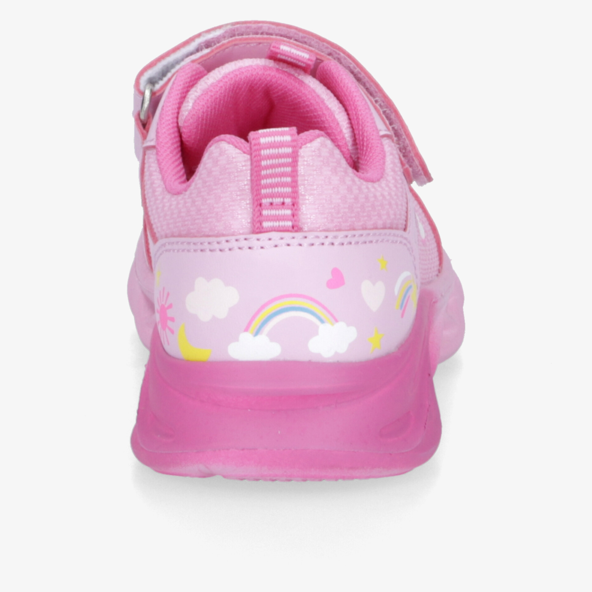 Rosafarbener Kinderschuh mit Klettverschluss und fröhlichem Regenbogen- und Wolkenmotiv, leichte rutschfeste Sohle