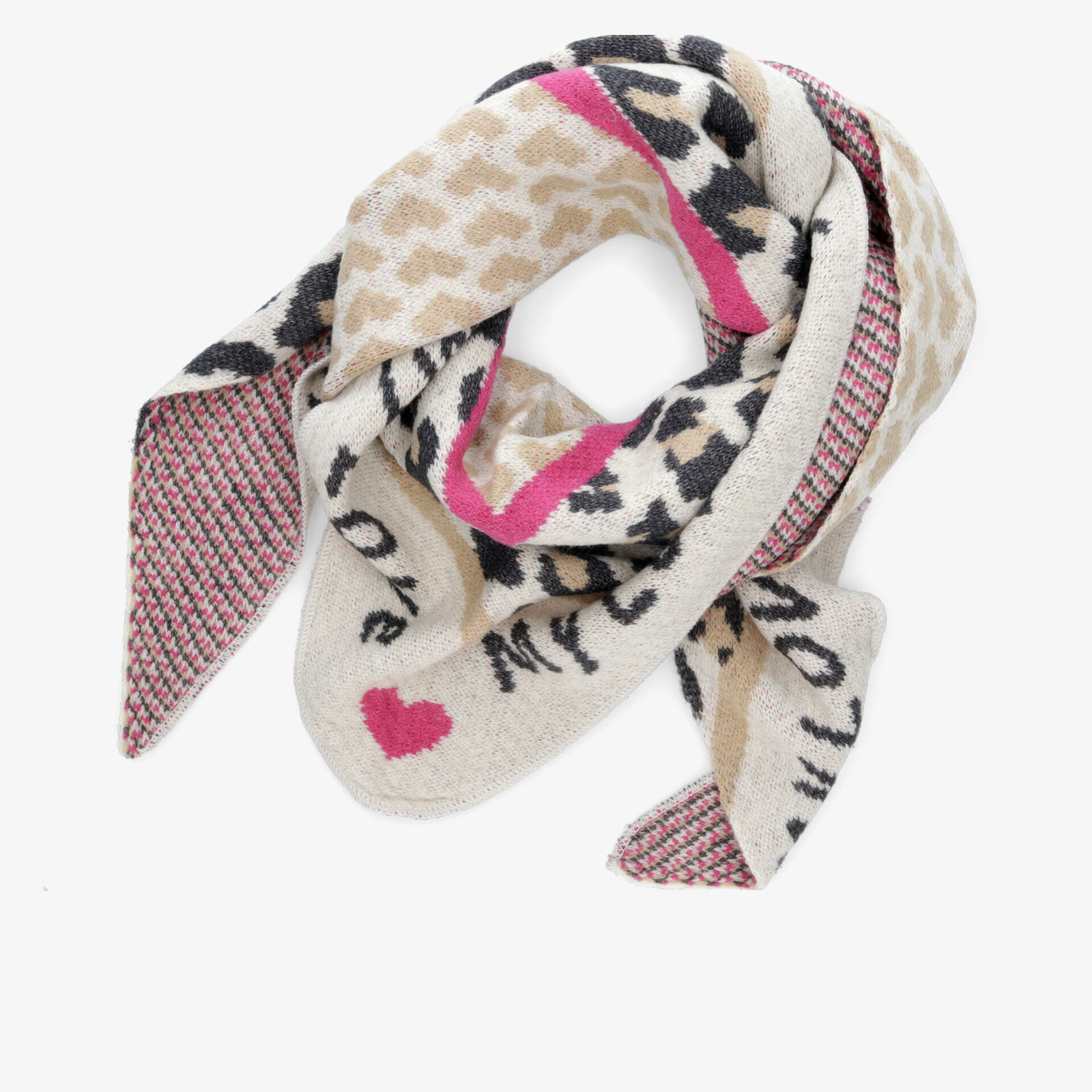 Trendiger Schal mit Leopardenmuster und Herzdetails in Beige und Pink für stilvolle Kombinationen