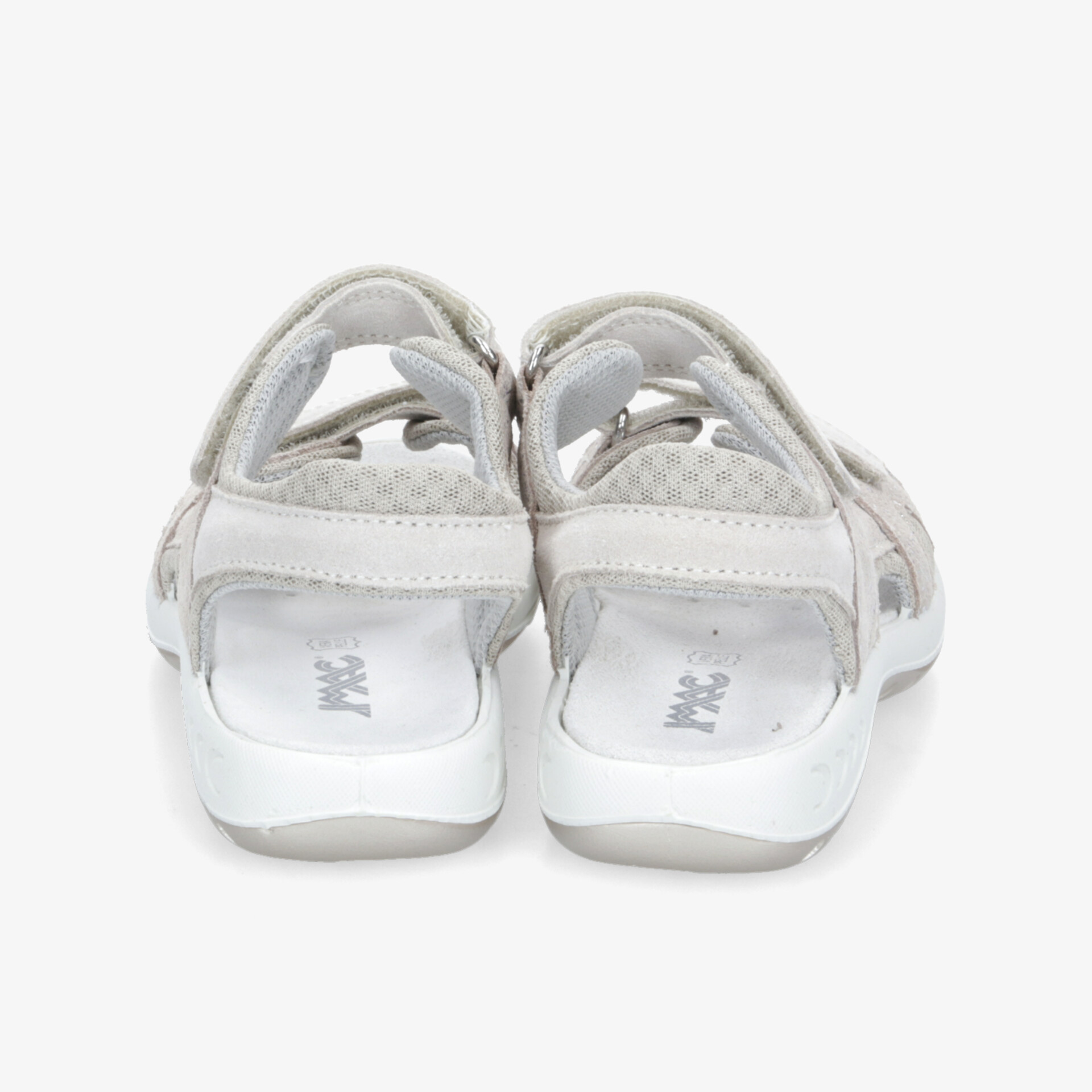 Rückansicht von weißen Sandalen mit verstellbaren Riemen und rutschfester Sohle für optimalen Halt