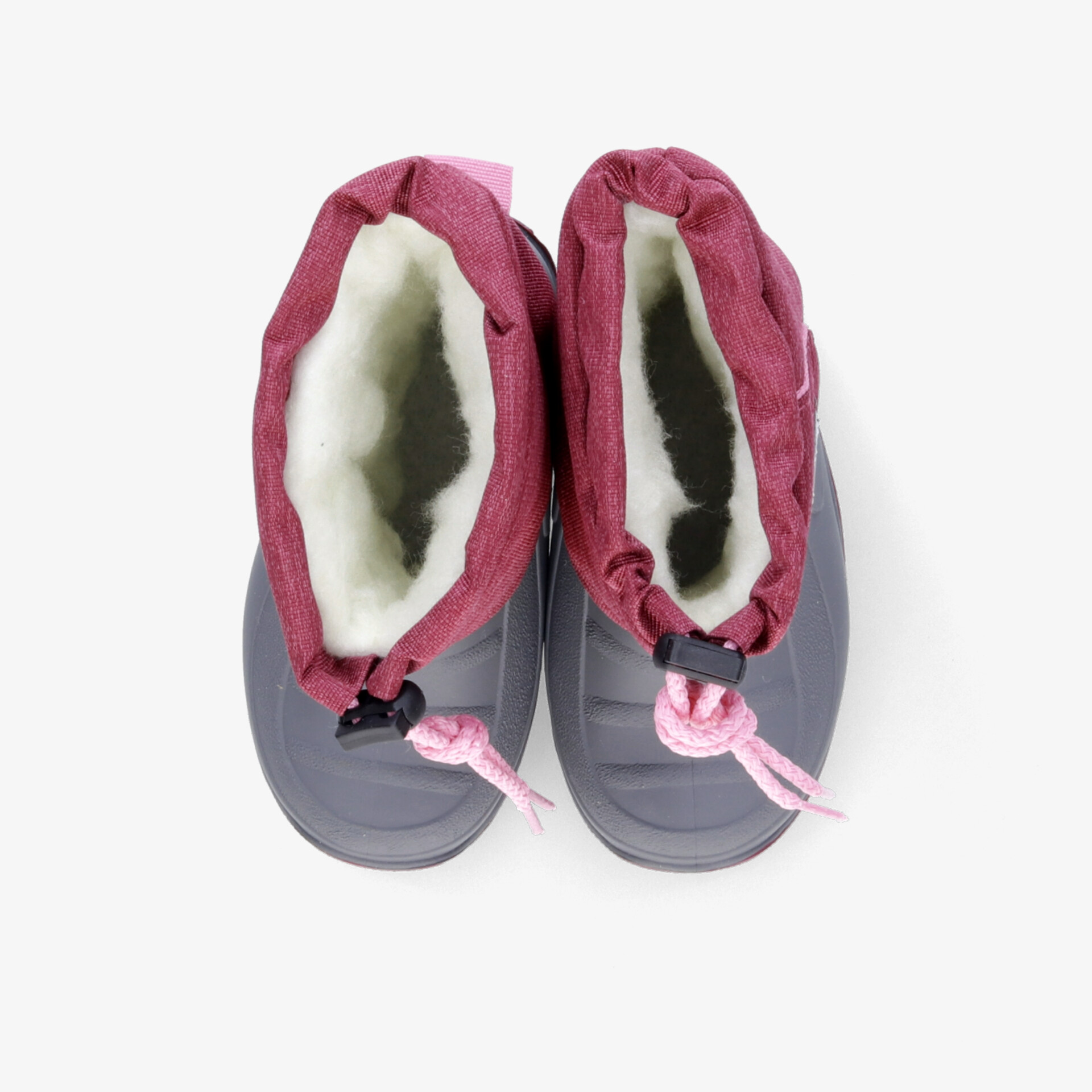 Warme, weich gefütterte Winter-Hausschuhe mit hohem Schaftrand und rutschfester Sohle, grau-rosa, Draufsicht