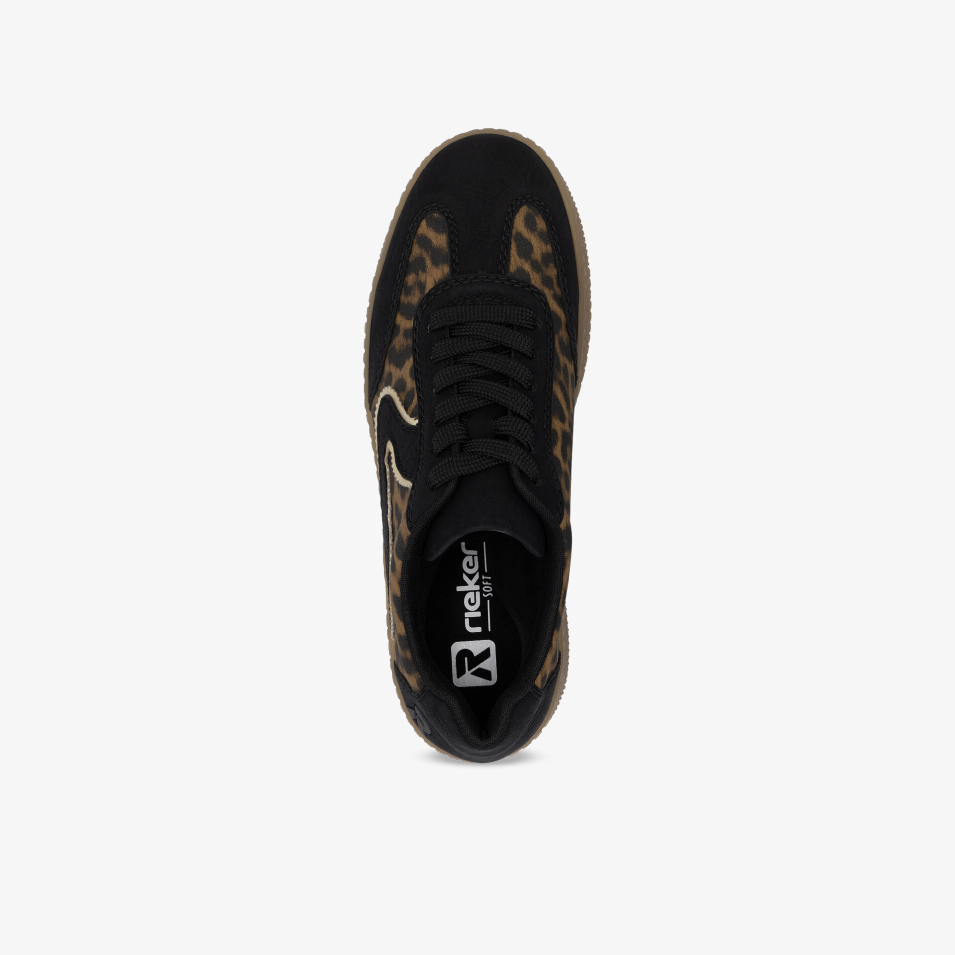 Schwarzer Sneaker mit Leopardenmuster Akzenten, bequeme Schnürung und robustem sportlichem Design, Draufsicht