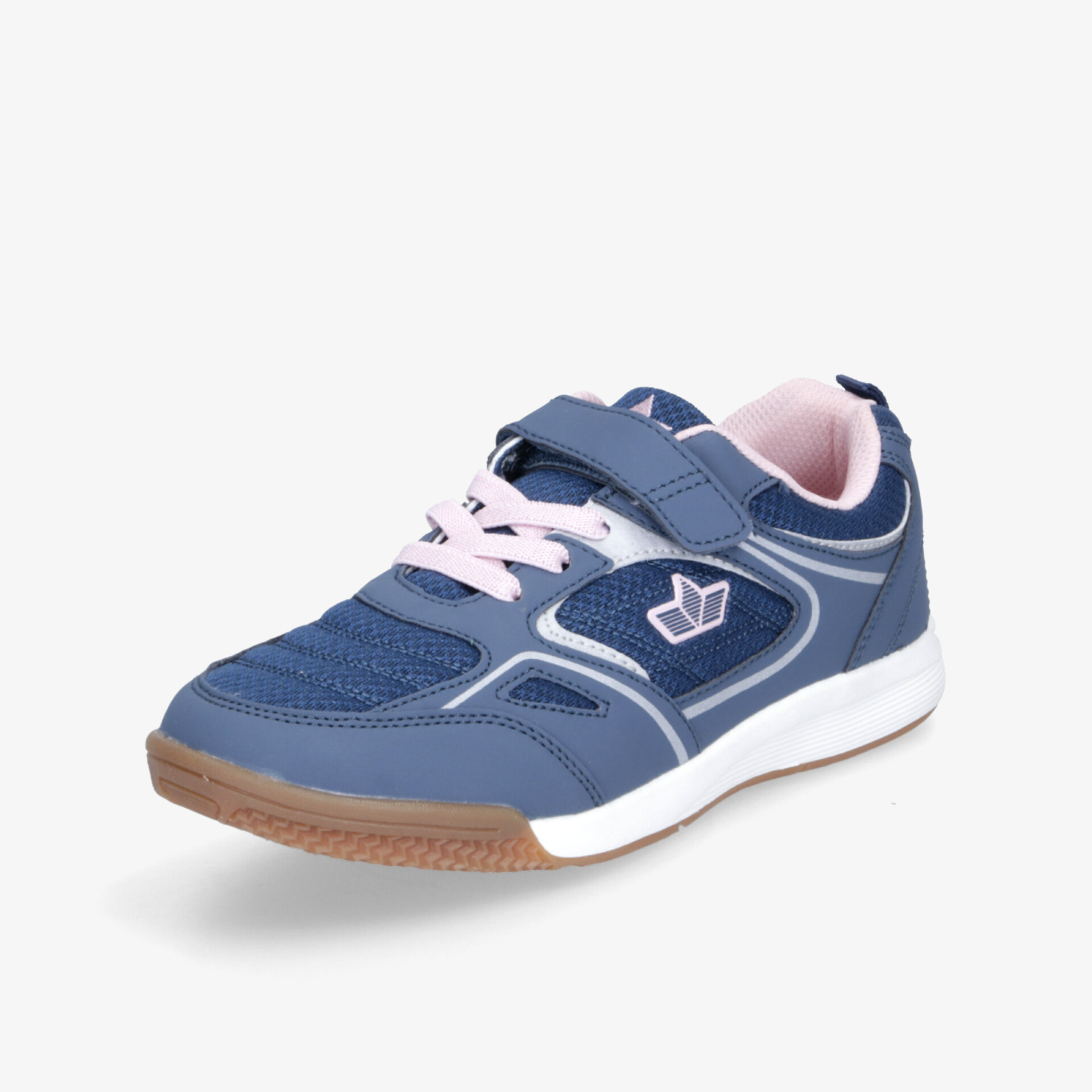 Bequemer blauer Sneaker mit weißer Sohle und praktischem Klettverschluss in schräger Frontansicht