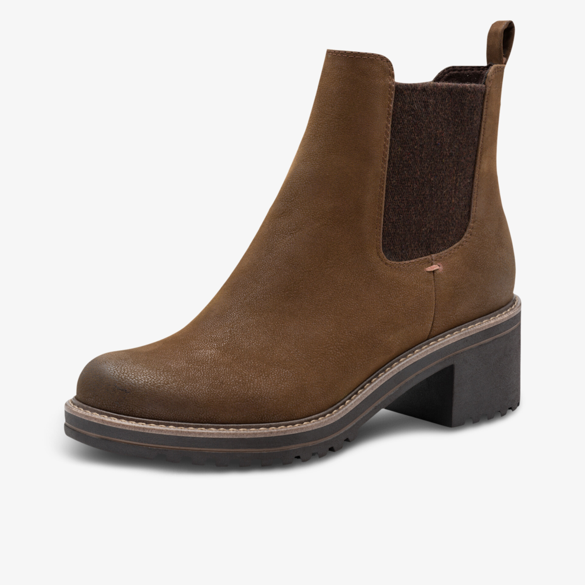 Brauner Chelsea Boot mit mittelhohem Blockabsatz und elastischen Seiteneinsätzen aus hochwertigem Leder