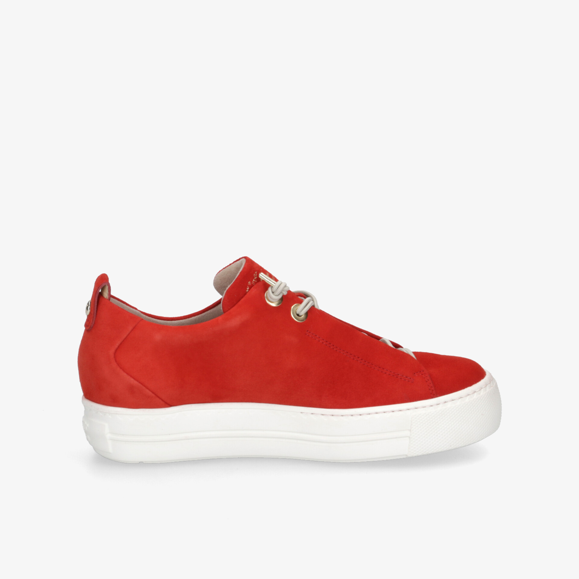 Roter Sneaker mit weißer Sohle und sportlichem Design für einen modernen Look.