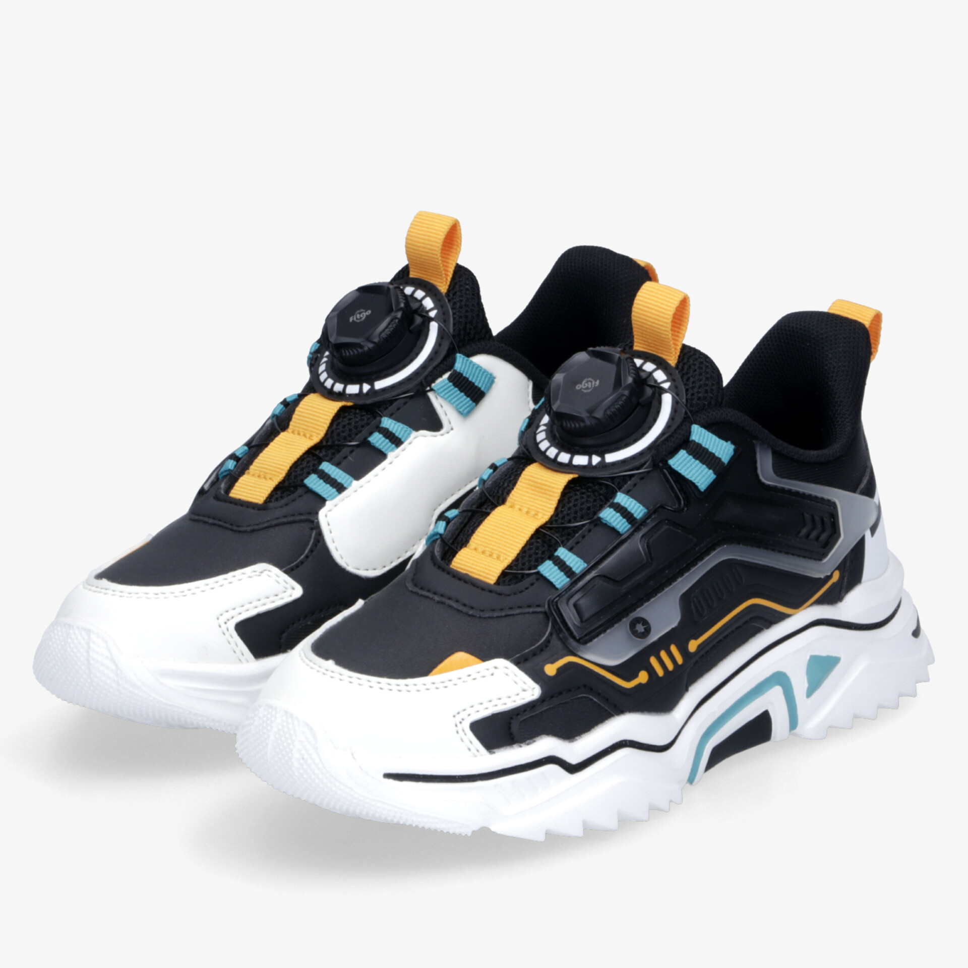 Moderne Sneaker in Schwarz-Weiß mit blau-orangefarbenen Details, sportlich und bequem mit robuster Sohle
