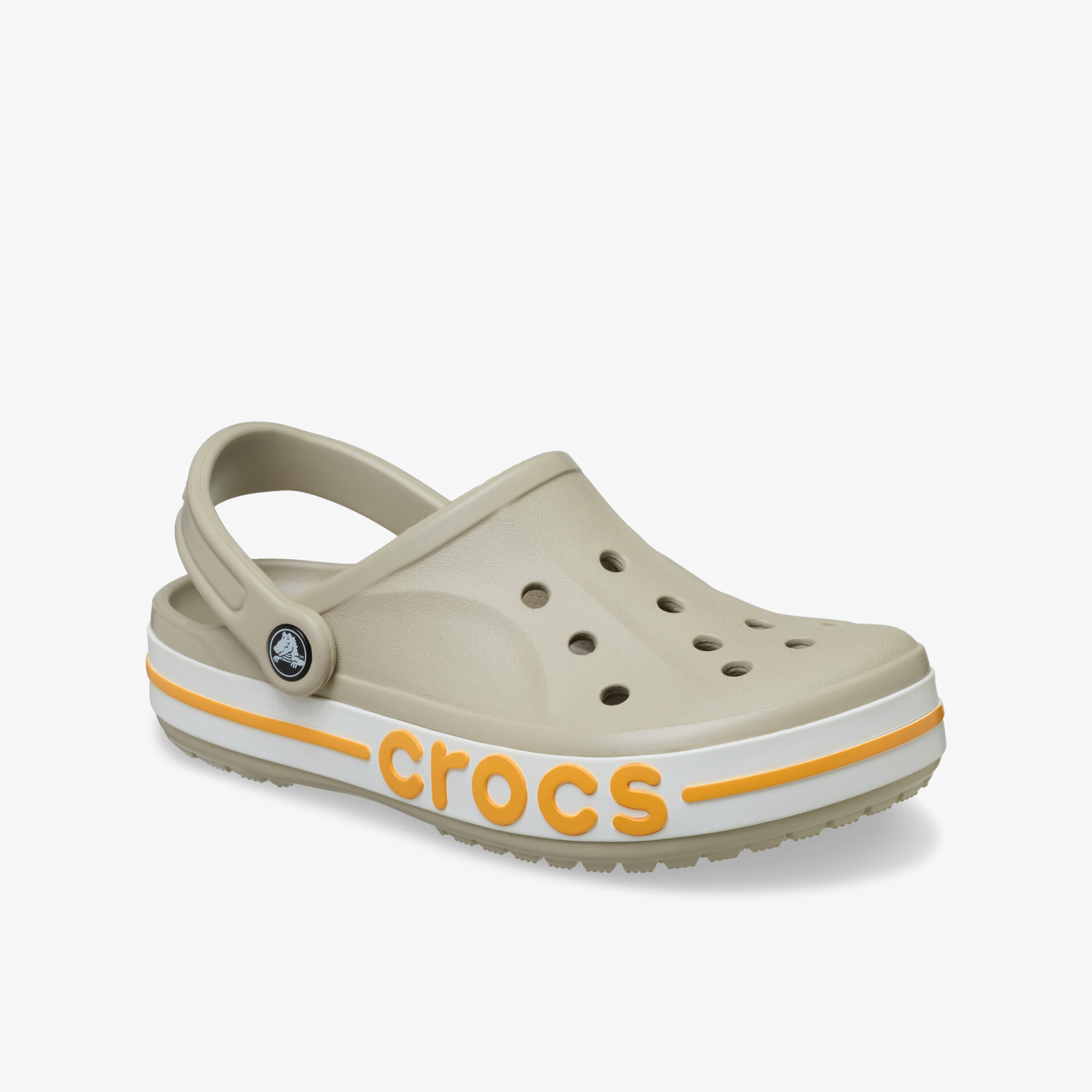 Beiger Crocs Schuh seitliche Ansicht mit atmungsaktivem, leichtem und bequemem Design für Alltag und Freizeit