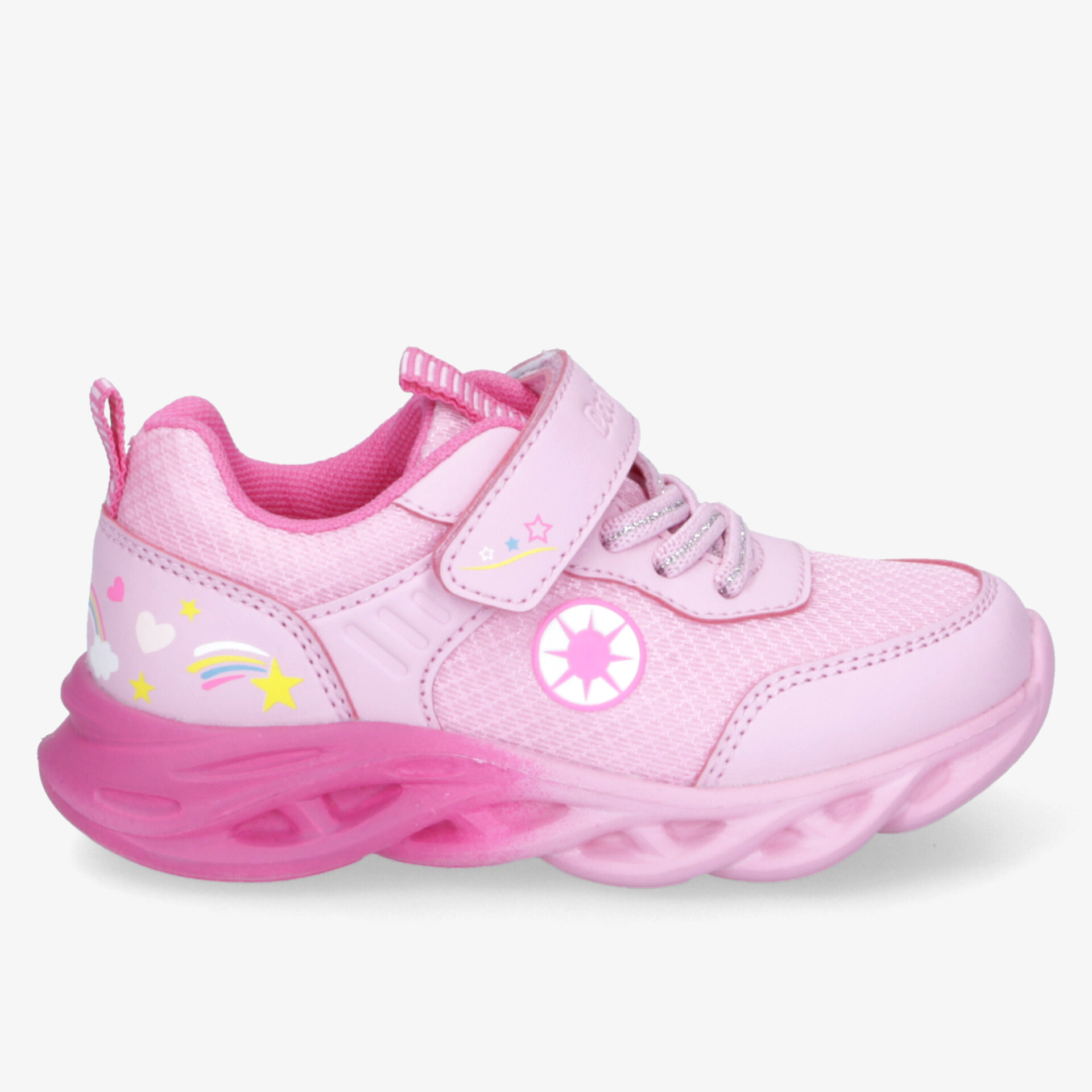 Sportlicher rosaroter Kinderschuh mit rutschfester Sohle, klettverschluss und bequemem, leichtem Design