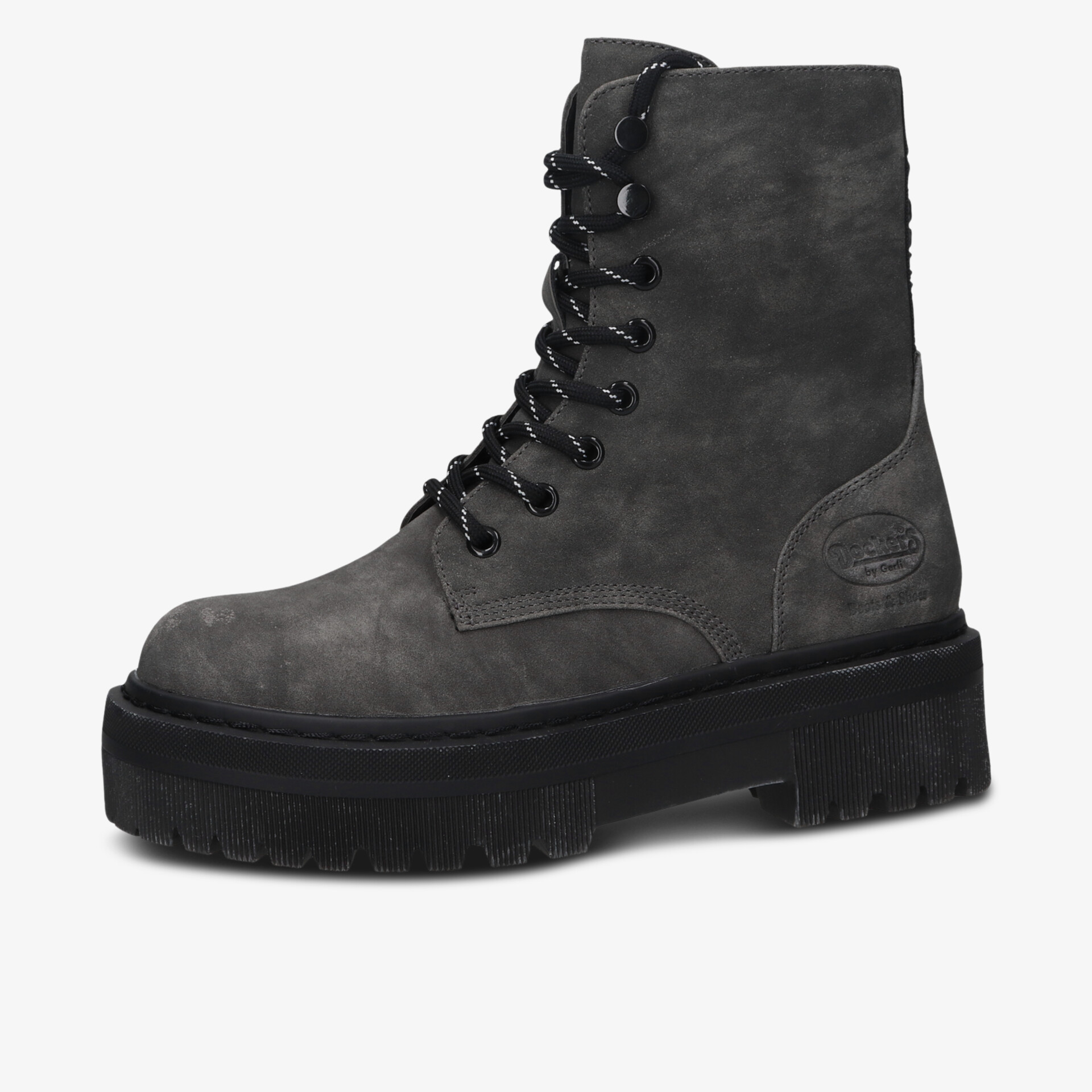 Schwarzer Schnürstiefel mit hoher Plateau-Sohle und robustem Design in klarer Seitenansicht