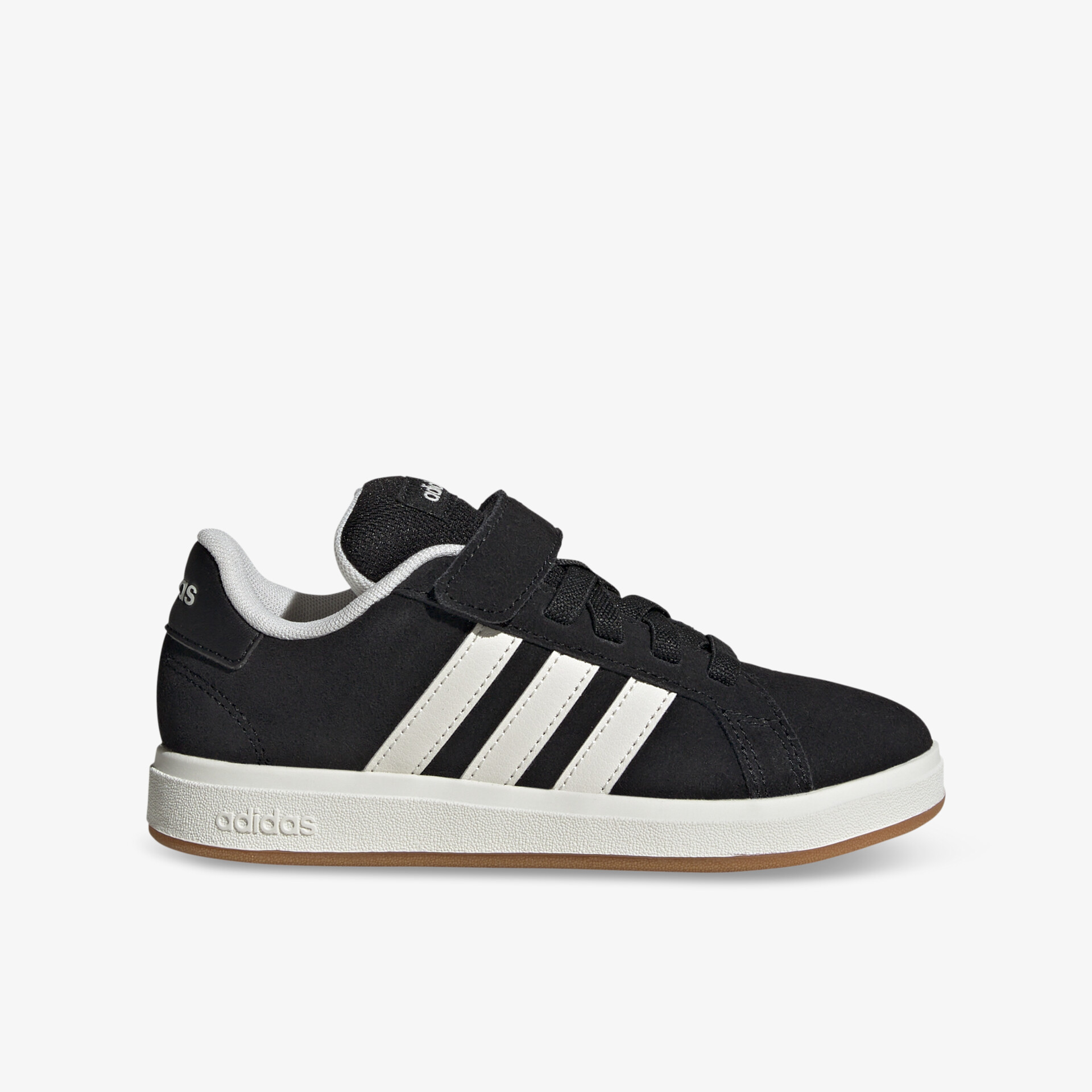 Schwarzer Sneaker mit weißer Sohle und drei weißen Streifen, bequem und strapazierfähig für Alltag und Sport