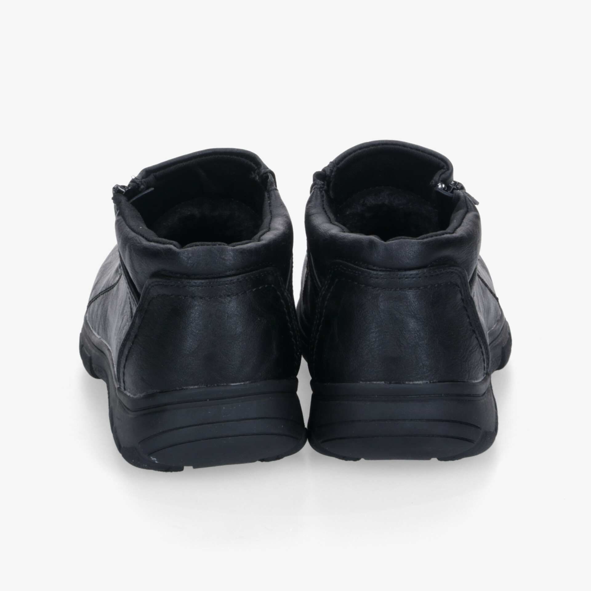 Robuste schwarze Stiefel mit gepolstertem Schaft und dicker, rutschfester Sohle, Rückansicht